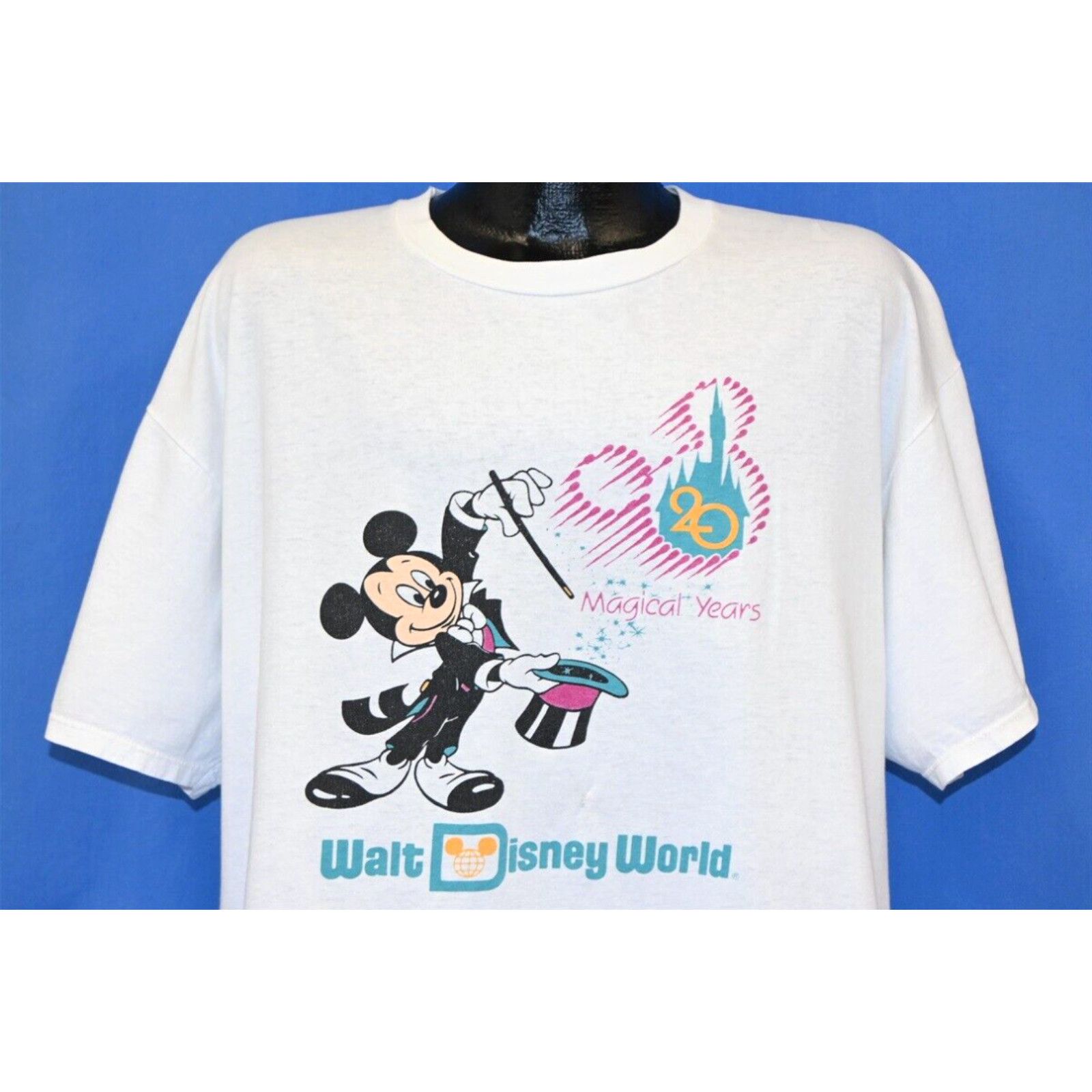 image of Vintage 90's Mickey Mouse Walt Disney World 20 Year Anniversary T-Shirt 2Xl in White, Men's