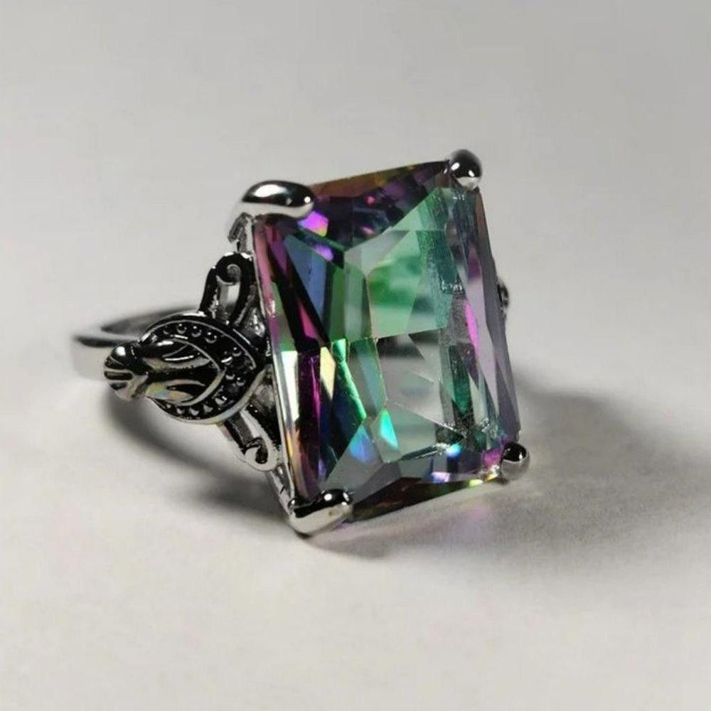 Designer Huge Rectangle Rainbow Mystic Topaz Vintage Silver Ring Size ONE SIZE - 3 Thumbnail