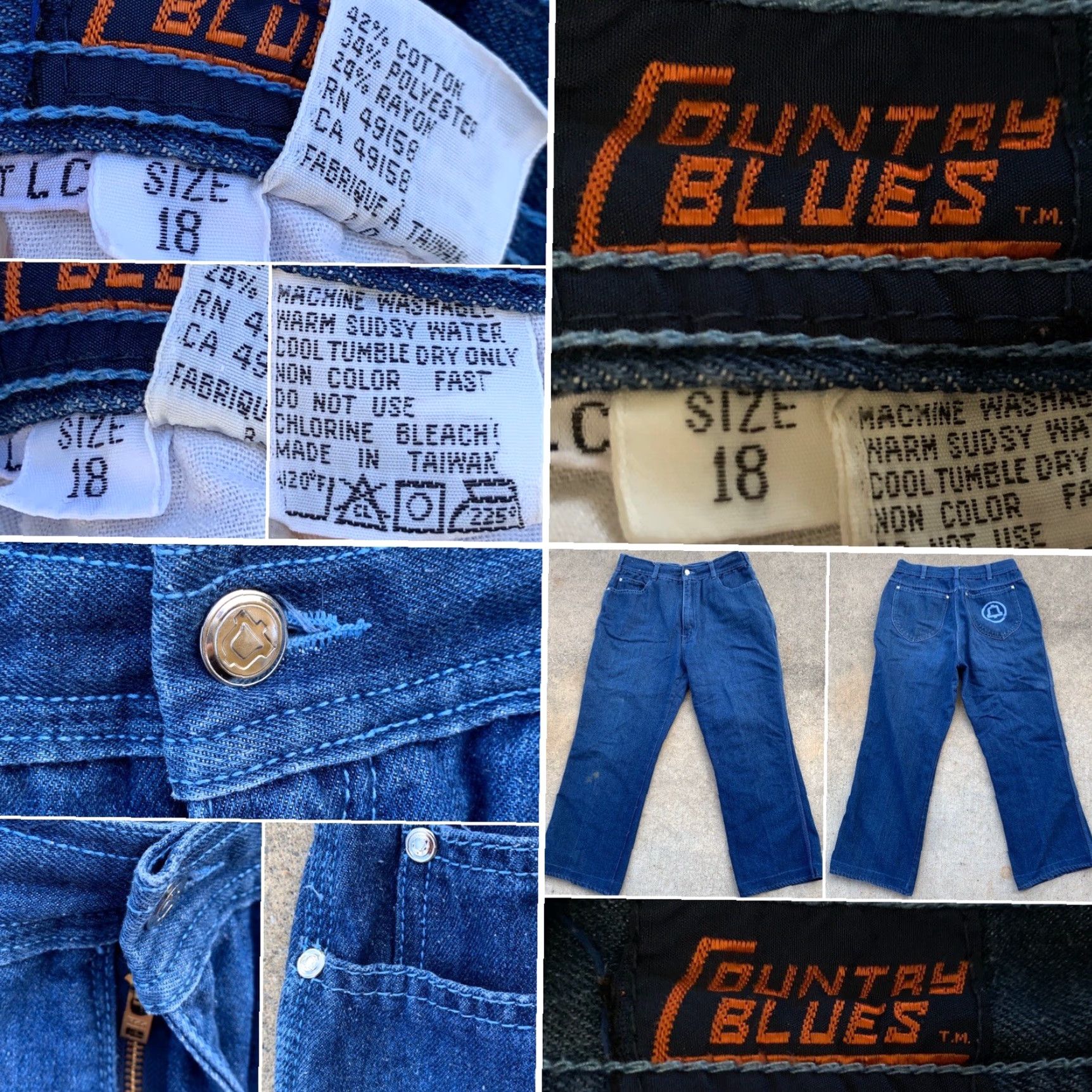 Area Vintage Country Blues Jeans Bell Telephone Work Jeans Embroidered Rear Pocket 18 (31”waist) Denim Blue Made in Taiwan Mens Jeans 70s 80s Size 40" / US 18 - 6 Thumbnail