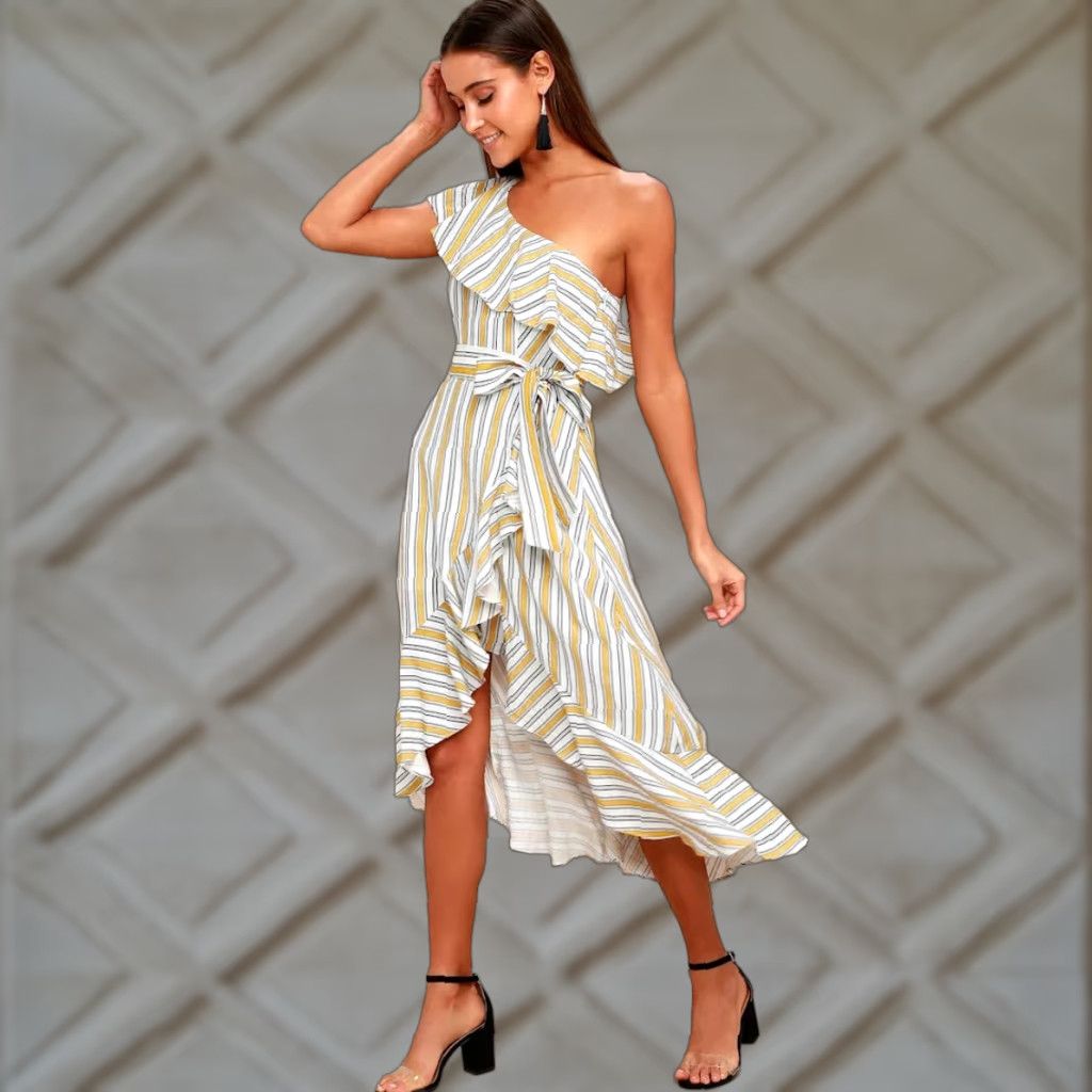 Lulus Lulus High Tide Striped One Shoulder Midi Dress Women Small Yellow Ruffle Hi-Low Size S / US 4 / IT 40 - 1 Thumbnail