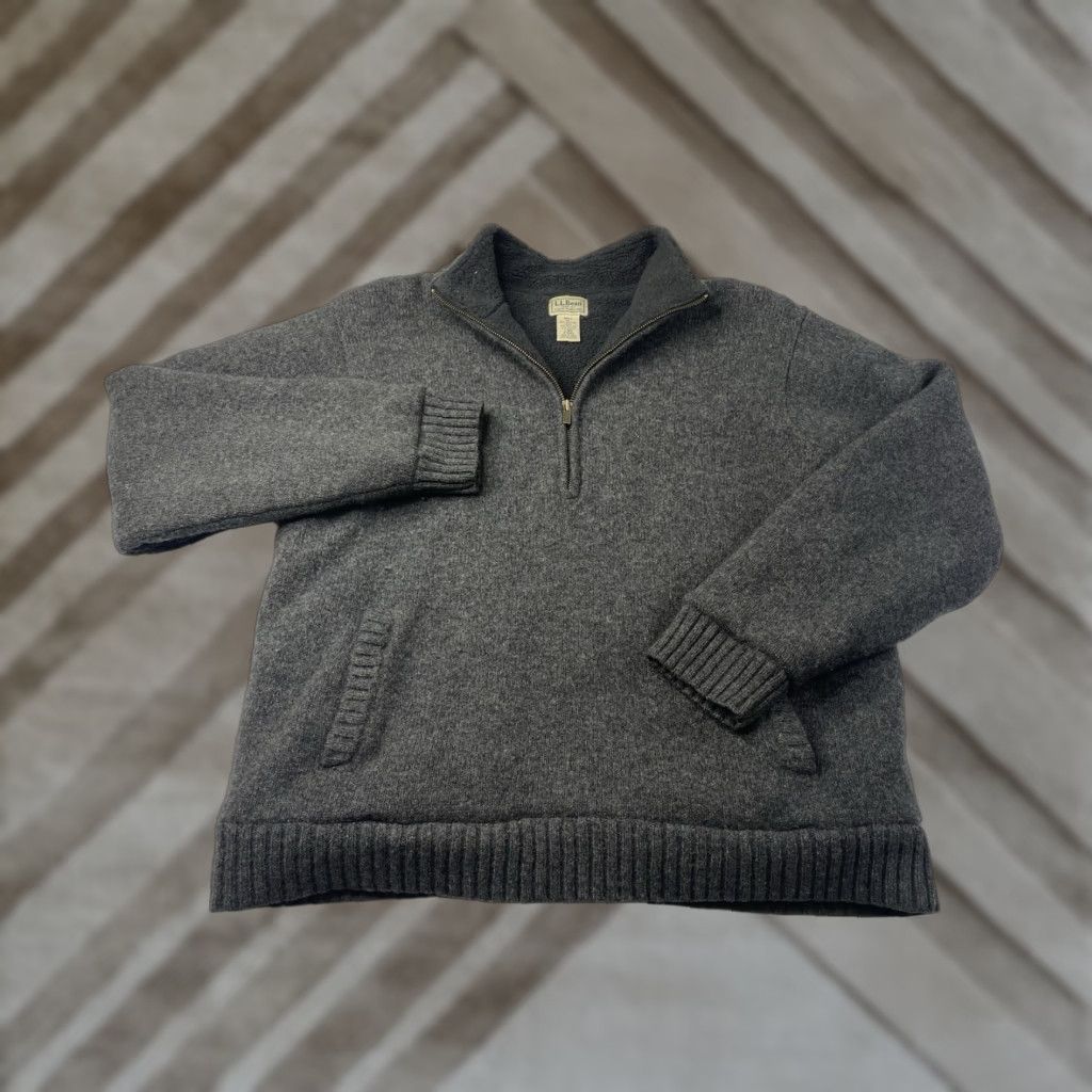 Vintage L.L. Bean Sweater Mens Large 100% Lambswool Sherpa Lined 1/4 Zip Jacket Dark Gray Size US L / EU 52-54 / 3 - 1 Thumbnail