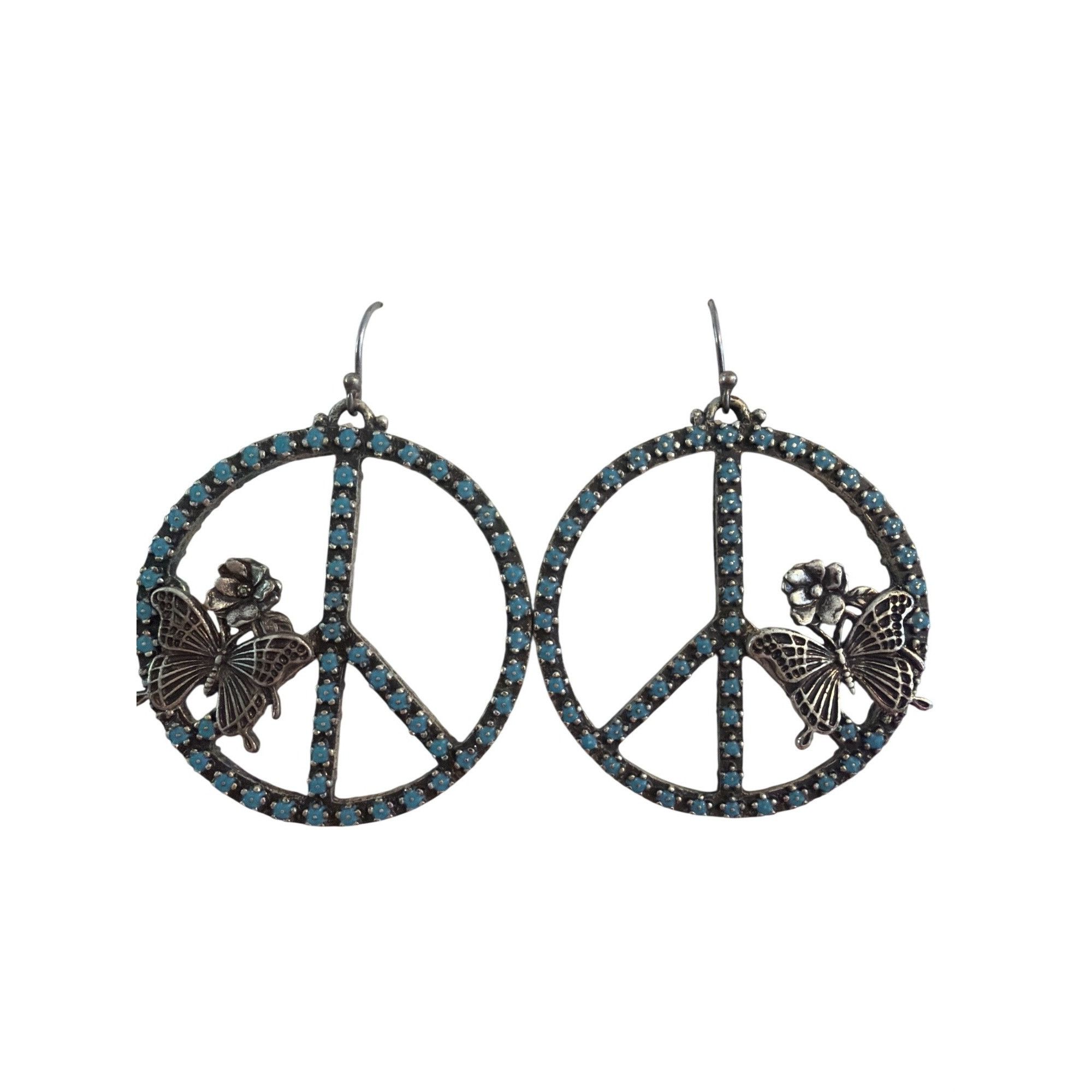 Other Silver Tone Turquoise Enamel Dangle Earring Peace Sign Butte Size ONE SIZE - 1 Thumbnail