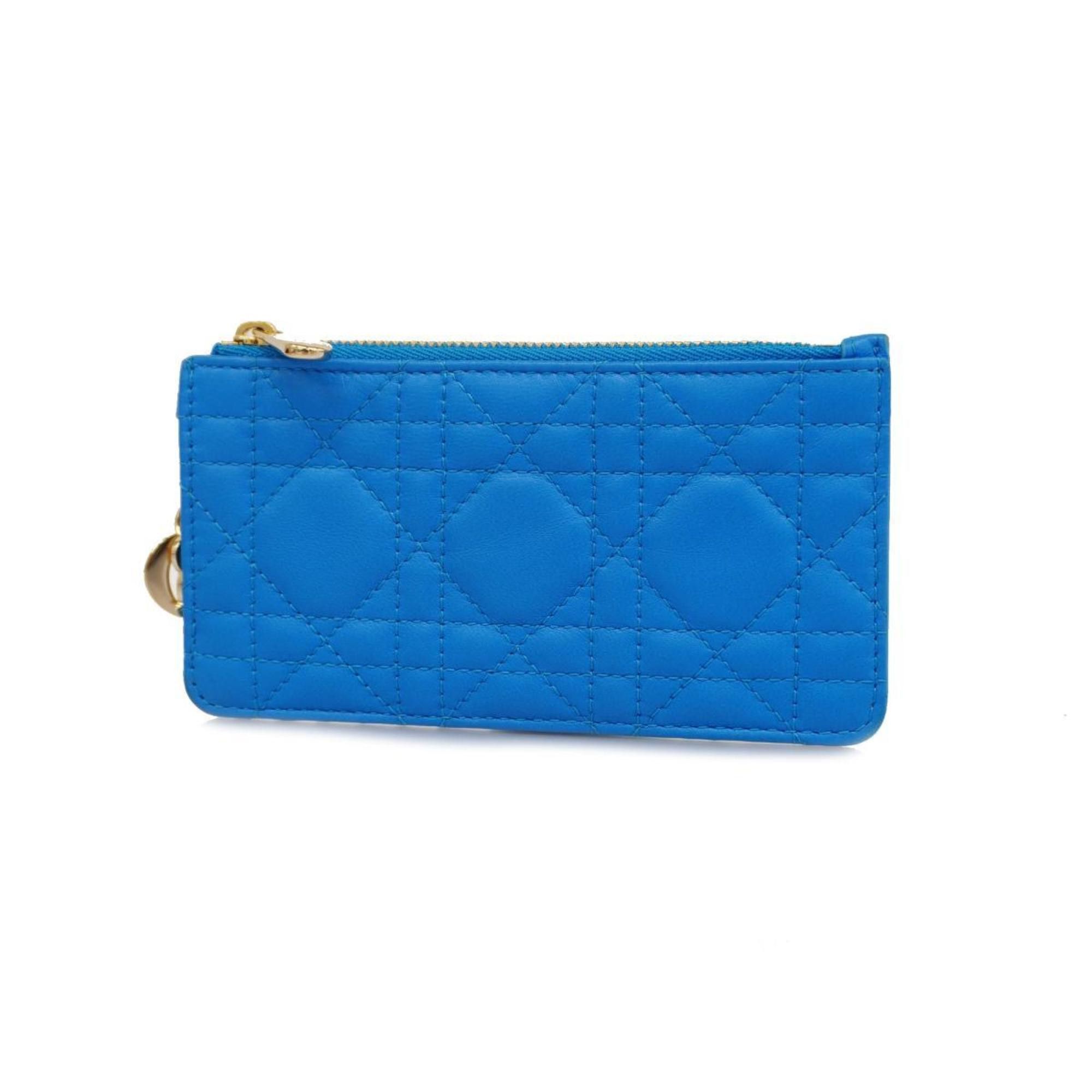 image of Christian Dior Wallet/coin Case Cannage Lady Leather Blue Champagne Women's