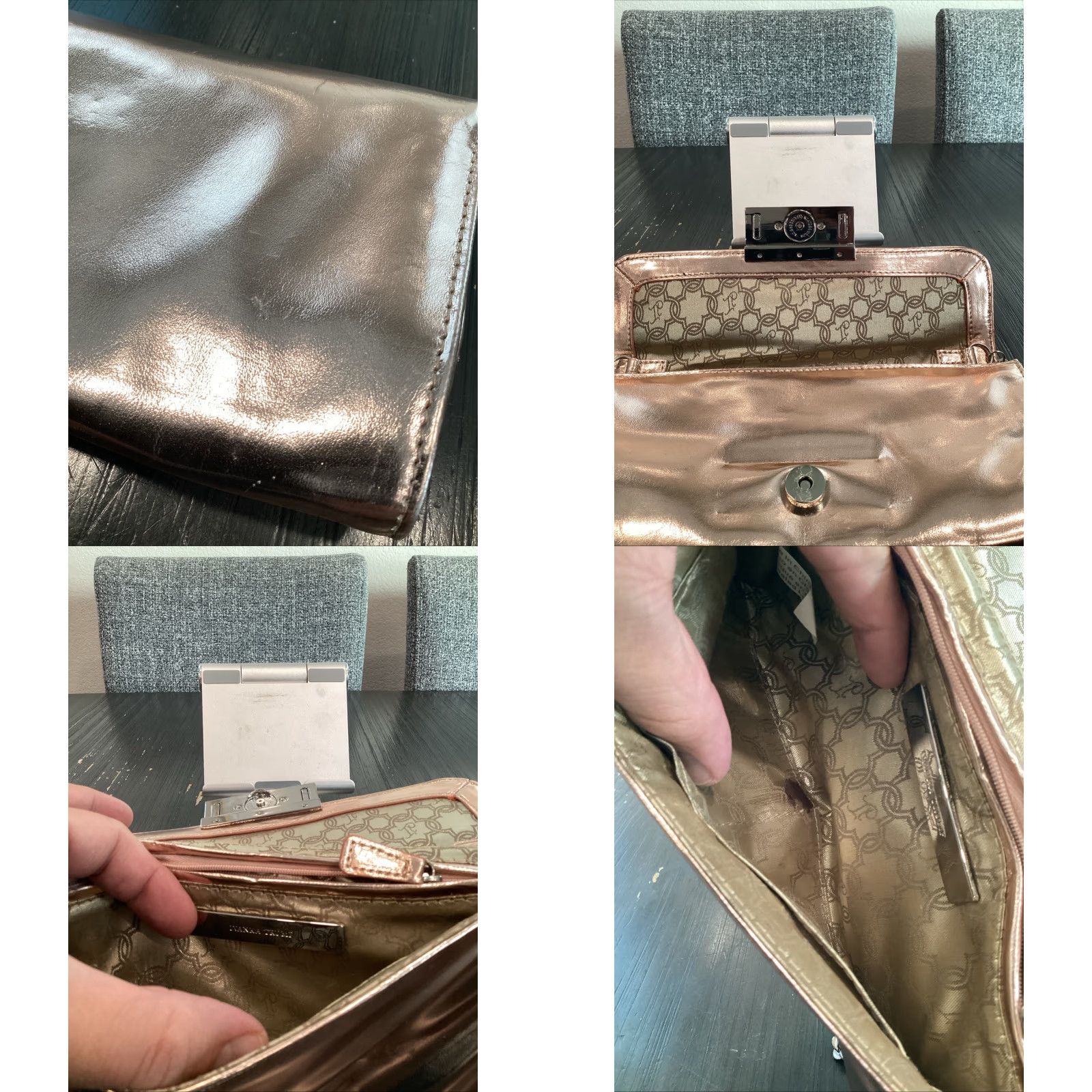 Vintage VINTAGE No — Ivanka Trump Metallic Gold Faux Leather Fold-In Chain Strap Clutch Shoulder Bag — Small — Gold Tone Hardware — Women’s Designer Handbag Size ONE SIZE - 8 Thumbnail