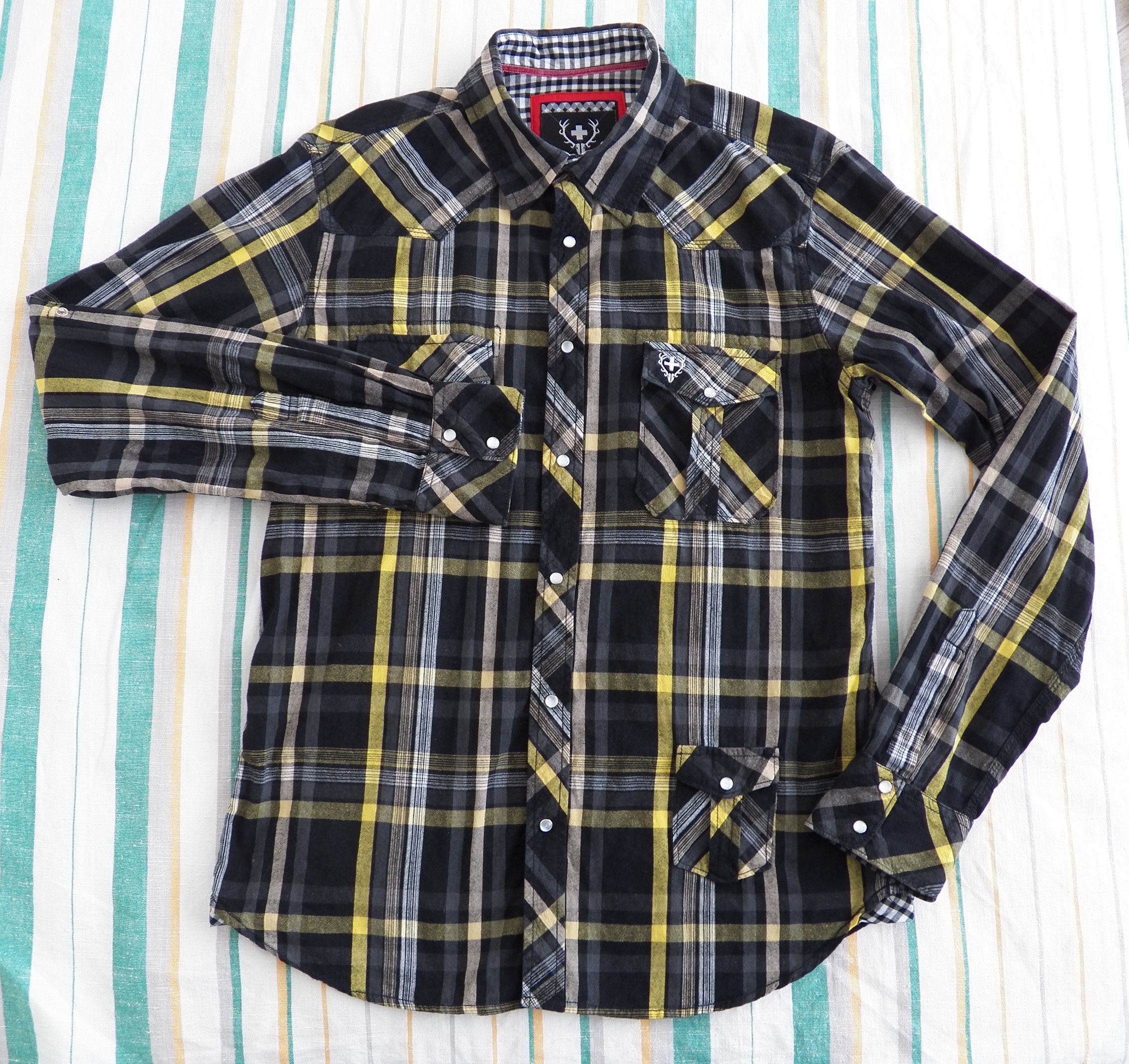 Alprausch Mens Shirt black yellow plaid flannel snap
