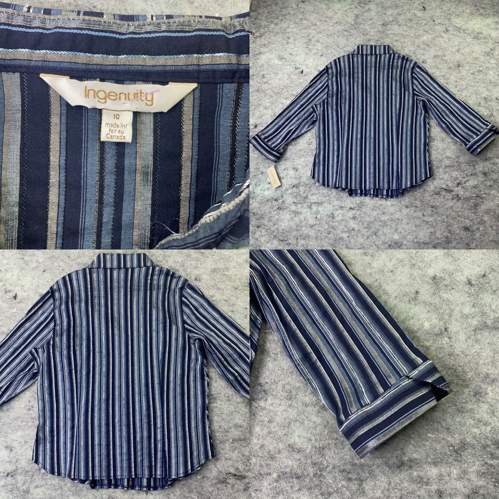 Vintage Ingenuity Shirt Blouse Womens Top 10 Blue Striped 3/4 Sleeve V-Neck Stretch Size L / US 10 / IT 46 - 8 Thumbnail