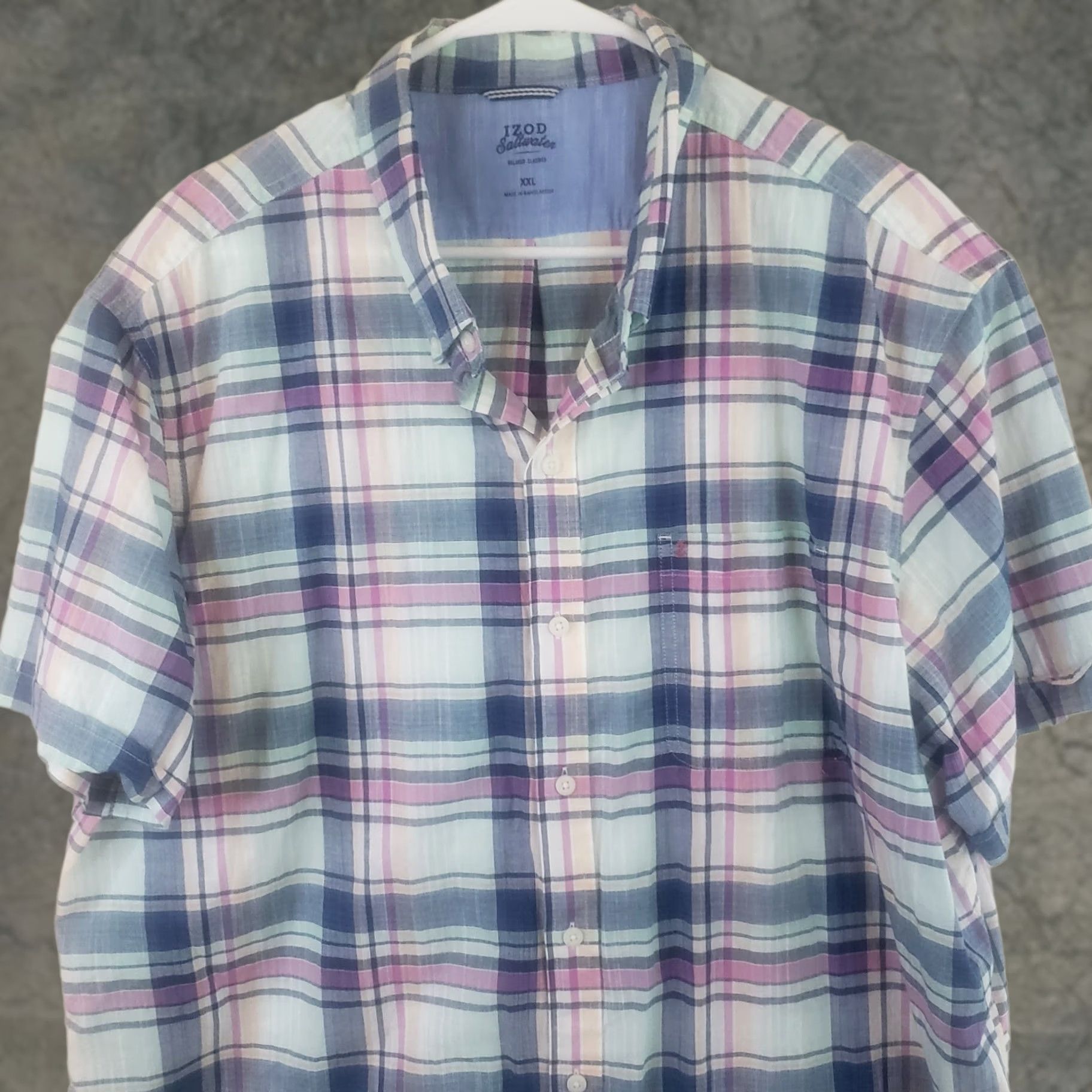 Izod IZOD Saltwater Mens 2XL Shirt Blue Pink Plaid Button-Down Short Sleeve Cotton Size US XXL / EU 58 / 5 - 1 Thumbnail