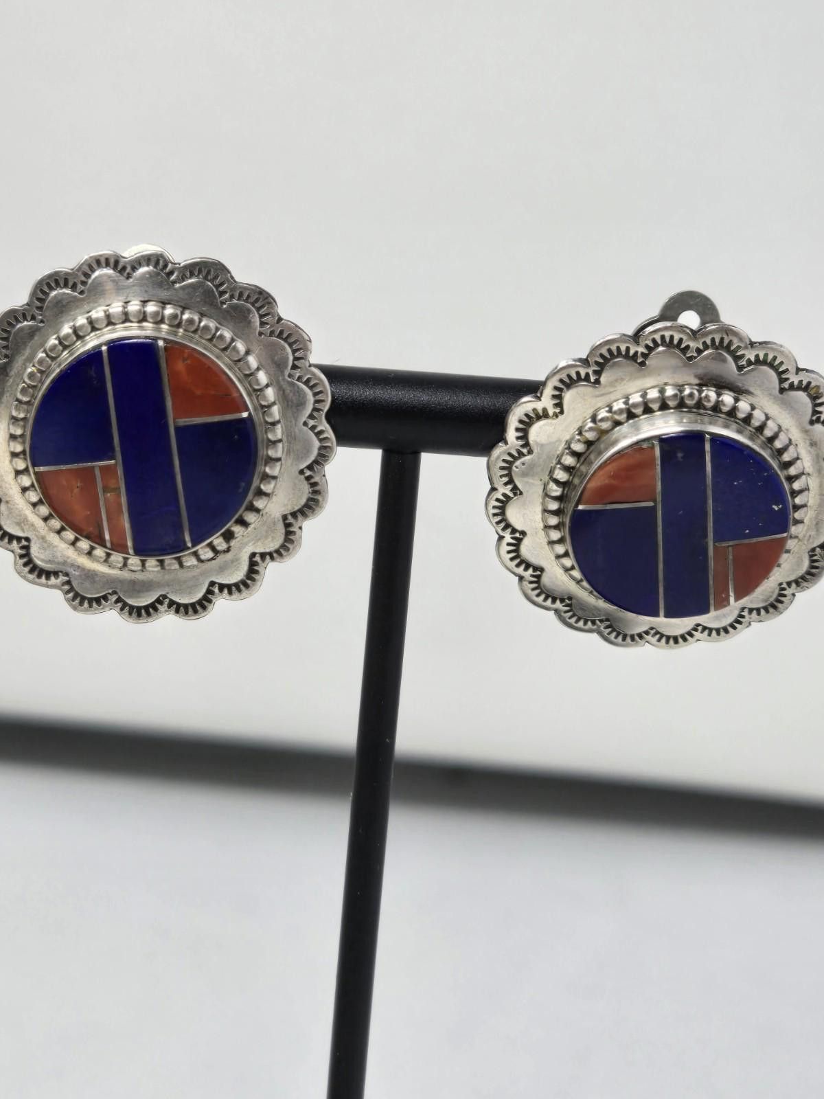 TED LAPIDUS Navajo Inlay Sterling Earrings Lapis Coral Molly Lincoln Size ONE SIZE - 8 Thumbnail