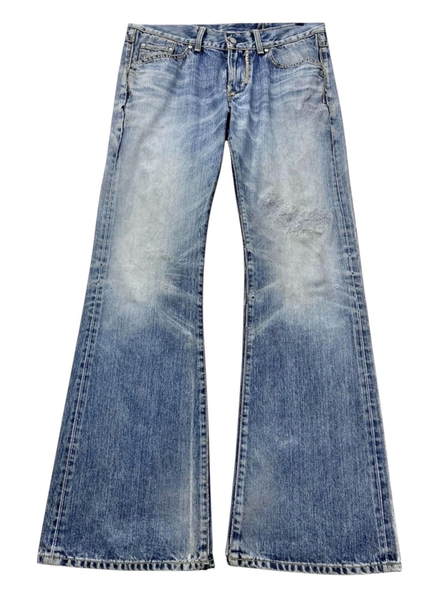 🔥Vintage Aging Patina Distressed Denim Süper Flare Jeans