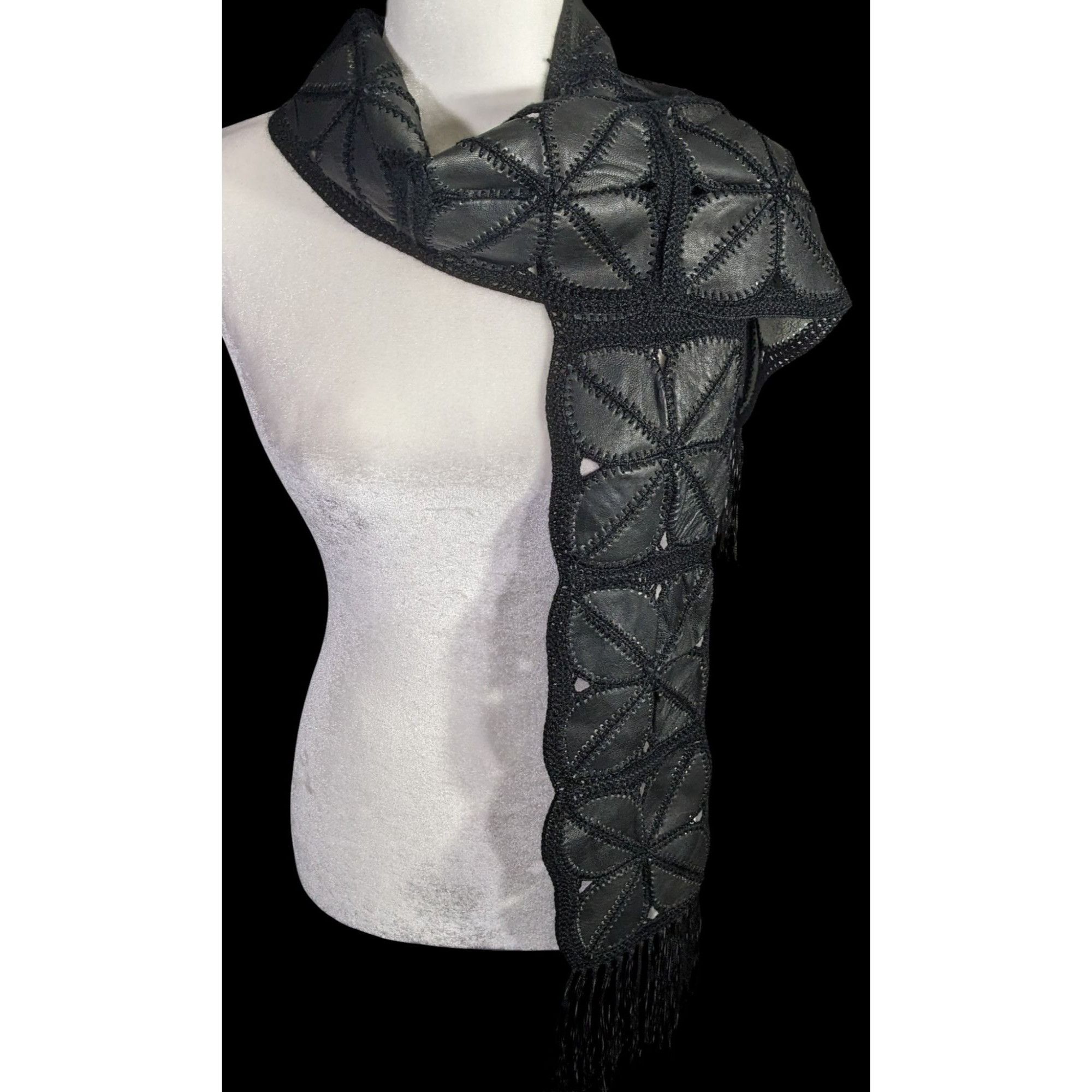 Other Vintage Bohemian Leather & Crochet Patchwork Scarf With Frin Size ONE SIZE - 1 Thumbnail