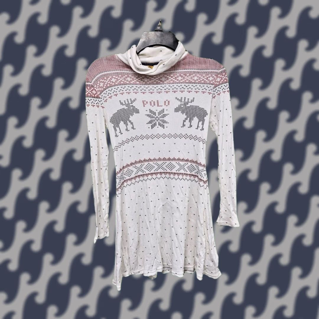 Ralph Lauren Polo Ralph Lauren Fair Isle Reindeer Tunic Thermal Sweater Dress Medium Women's Long Sleeve Cowl Neck White/Gray/Pink Holiday Winter Vintage No Size M / US 6-8 / IT 42-44 - 1 Thumbnail
