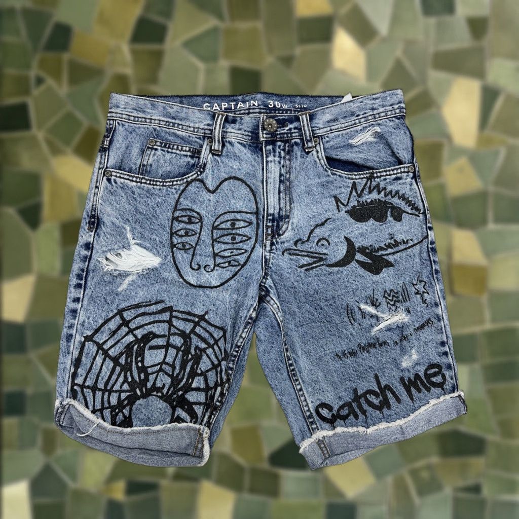 Denime Ninth Hall Captain Mens Jeans Shorts Size 30 Slim Scribbles Denim Bermuda Casual 5-Pocket Zip Button Logo Zipper Blue Cotton Flat Front Slim Sit Mens Size US 30 / EU 46 - 1 Thumbnail