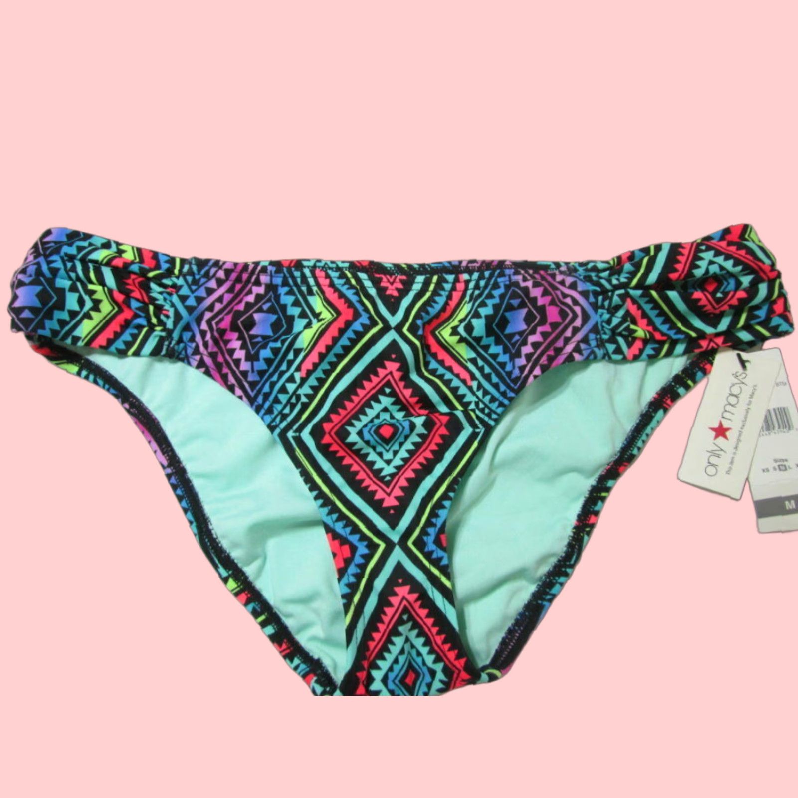 Vintage Macys Womens Black Multi Hipster Bikini Bottom Size M Ruched Side Geometric Swim Bottom Womens