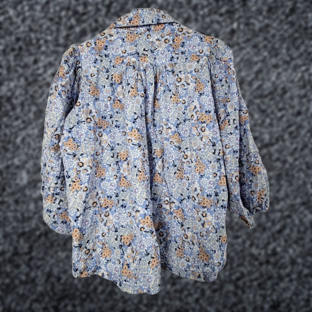 Free People Free People Women Floral Button-Up Puff Sleeve Blouse Small Light Blue Cotton Shirt Womens Size S / US 4 / IT 40 - 1 Thumbnail