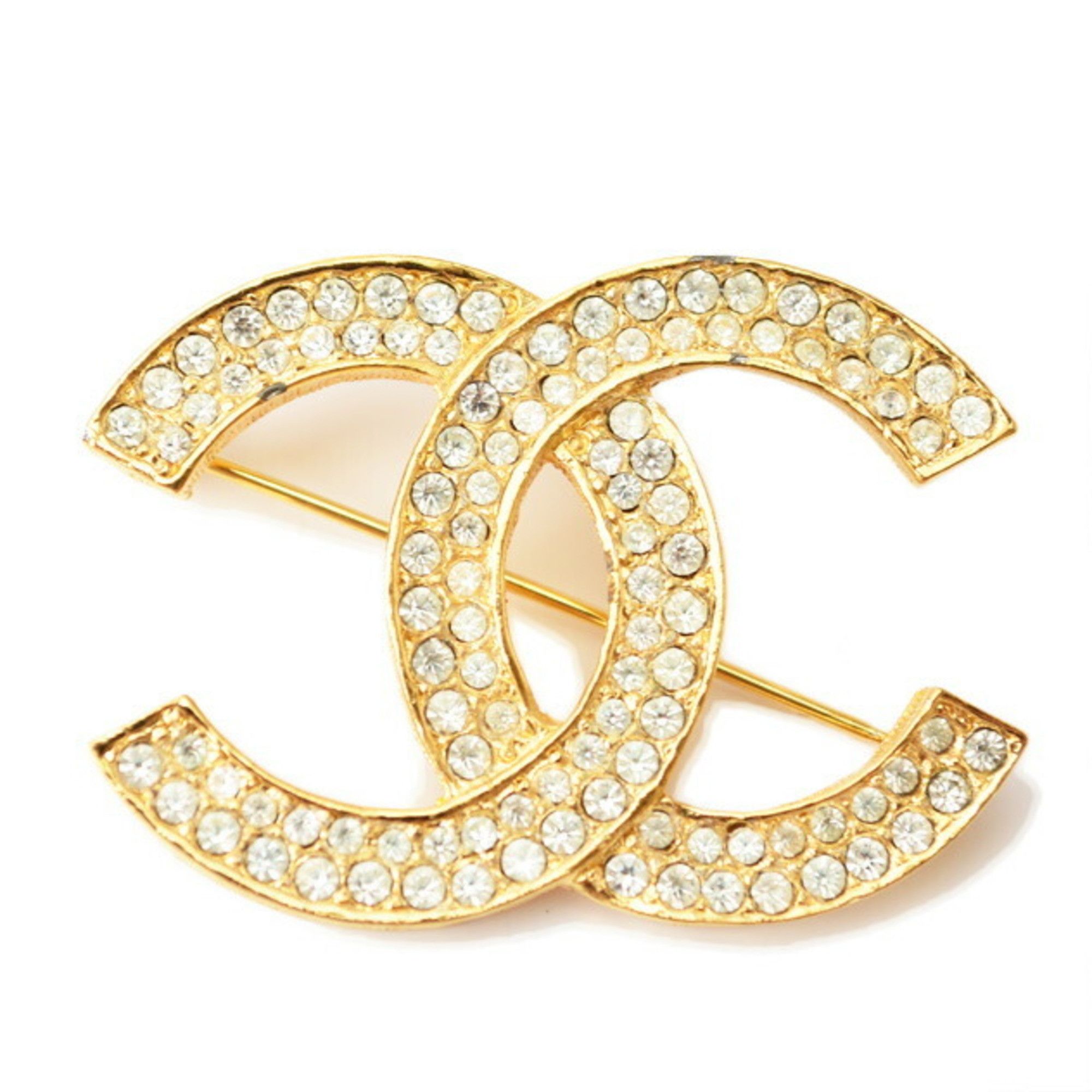 image of Chanel Brooch Pin Here Mark Rhinestone Gold, Women's