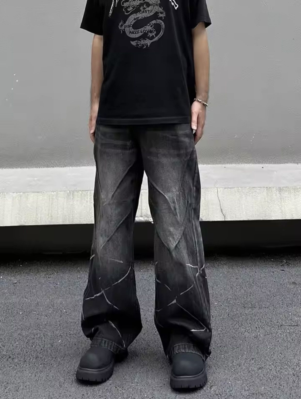 Denime × Vintage Cyber Y2K Streetwear Lightning Pattern Pleated Baggy Jeans Size US 27 - 5 Thumbnail