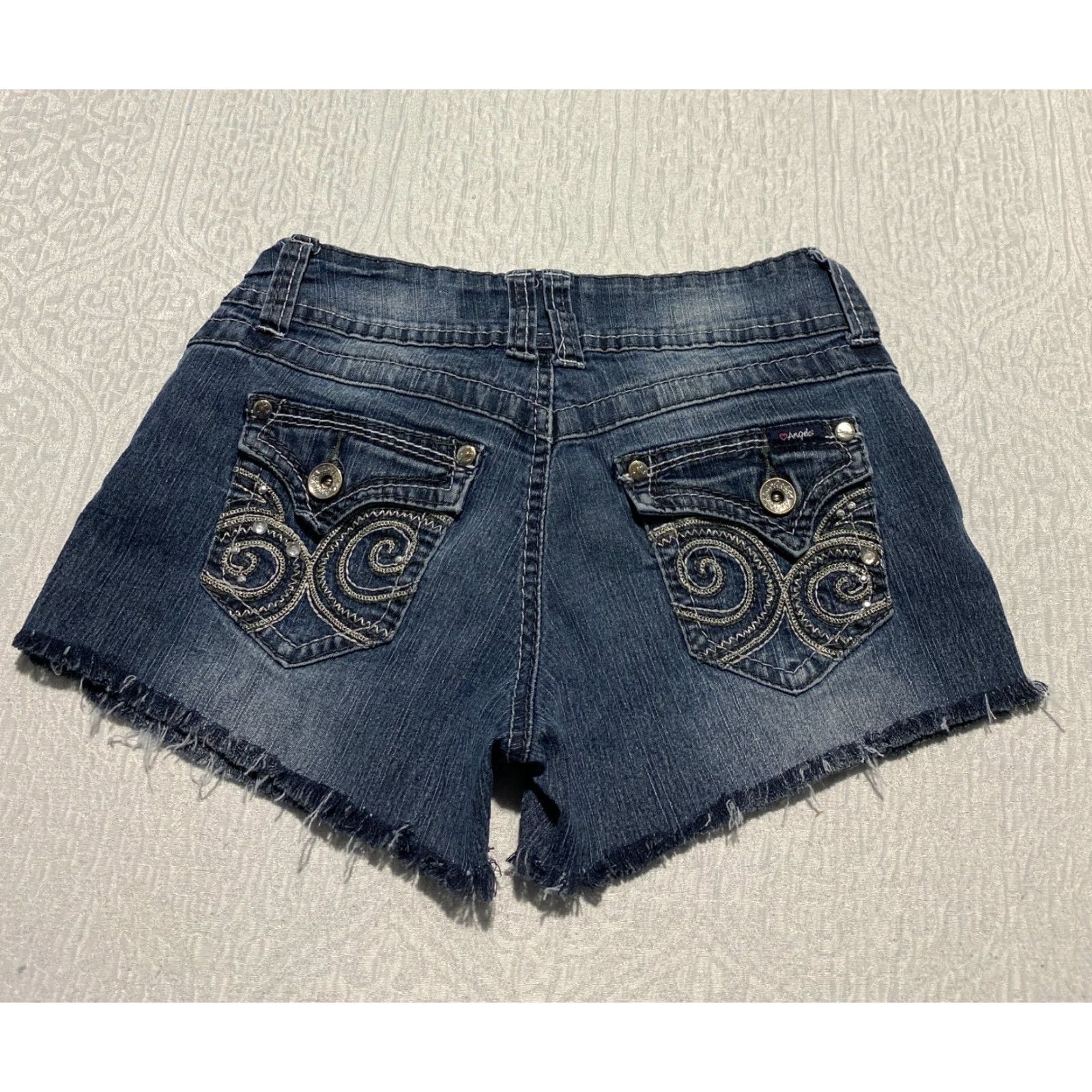 Vintage Angels Jeans Shorts Juniors Sz 1 Blue Cut Off Denim Jorts Stretch Raw Hem Pockets Casual Summer Beach Womens Girls Mens Size 42" / US 20 - 2 Thumbnail