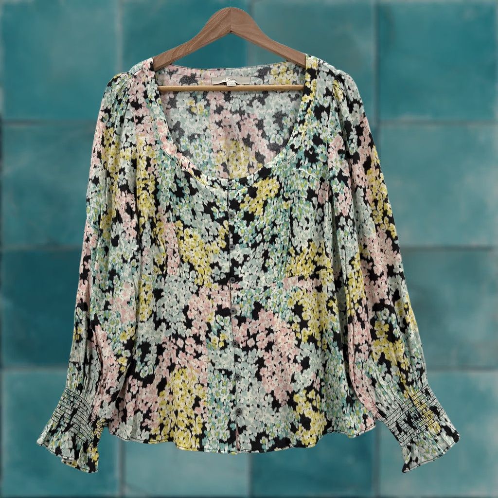 Loft Loft Womens Large Multicolor Floral Scoop Neck Button Front Long Sleeve Size L / US 10 / IT 46 - 1 Thumbnail