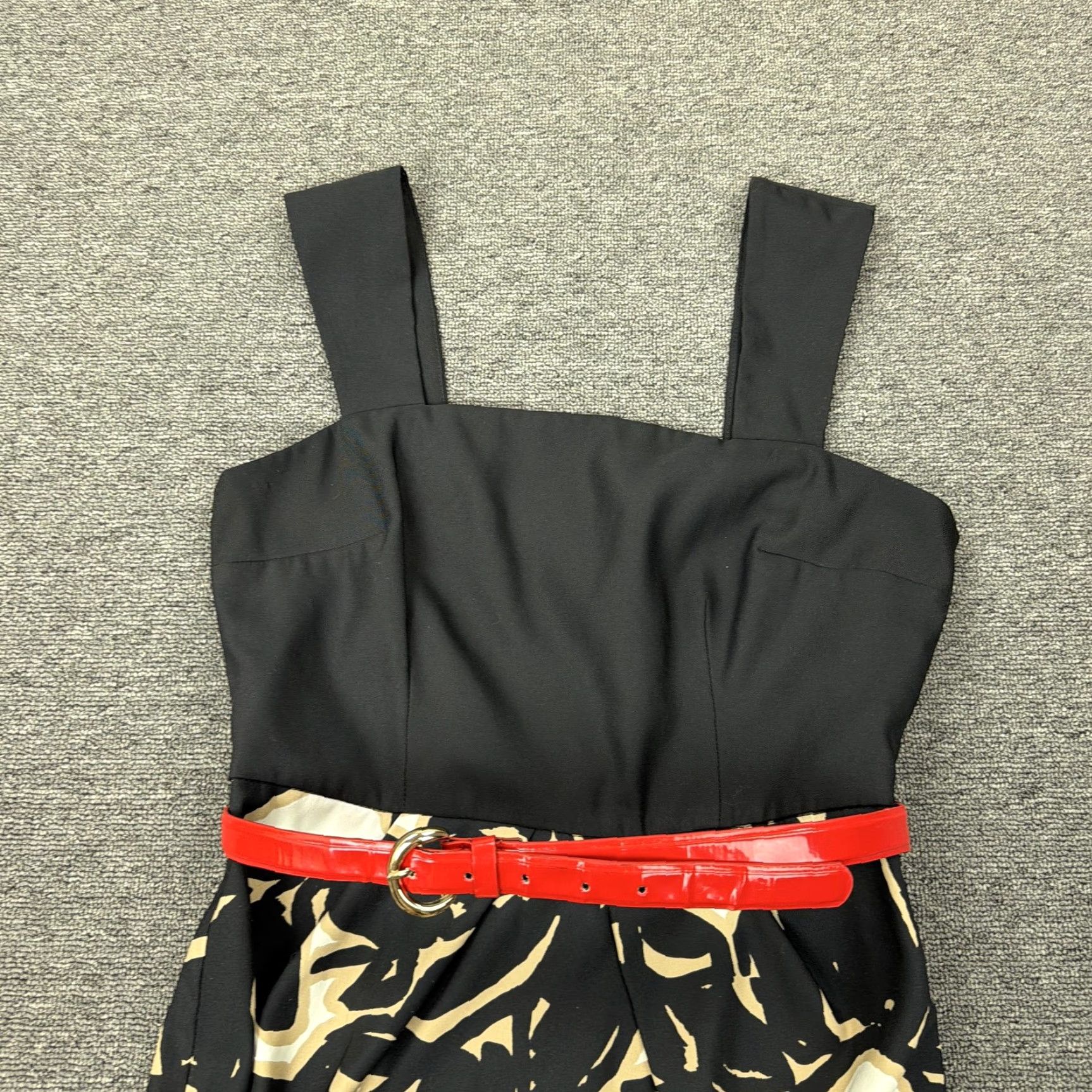Vintage London Times Dress Womens 8 Black Floral Square Neck Fit Flare Knee Belted Sleeveless Zipper Party/Cocktail Spring Summer Womens Size M / US 6-8 / IT 42-44 - 3 Thumbnail
