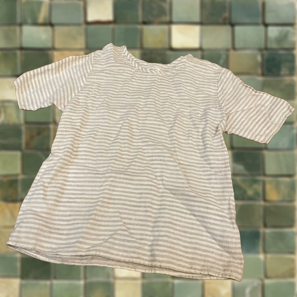 FLAX FLAX by Angelheart Linen Stripe Tan Cream Top Short Sleeve Lagenlook S Boho Shirt Blouse White Beige Linen 100% Women's Slim Regular Vintage: No Size S / US 4 / IT 40 - 1 Thumbnail