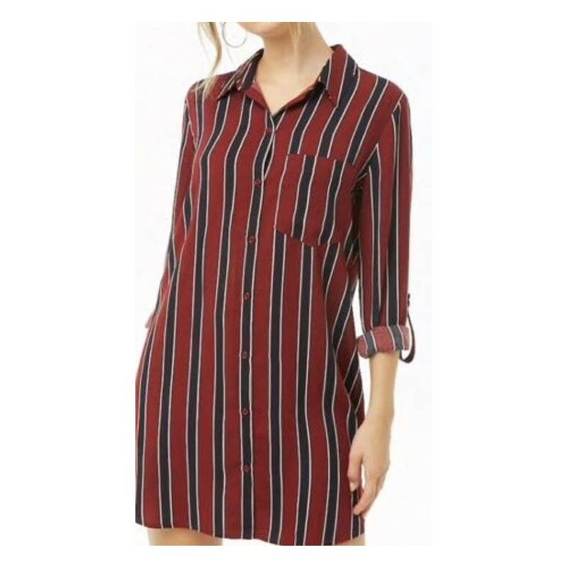 Forever 21 Forever 21 Button Up Shirt Dress Dark Red and Navy Striped S Size S / US 4 / IT 40 - 1 Thumbnail