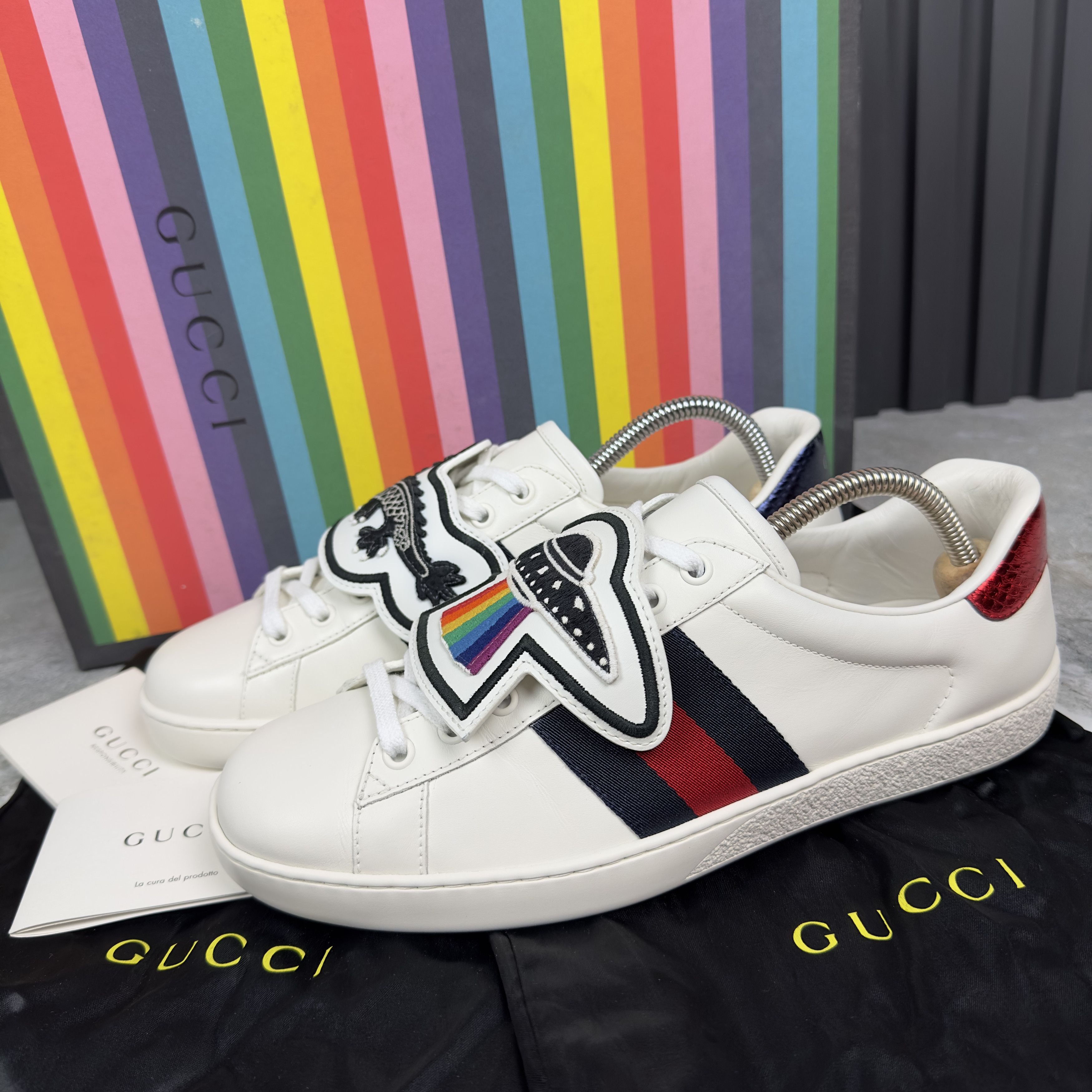 image of Gucci Ace Web Ufo Dragon Sneaker Patch Leather Python in White, Men's (Size 8)