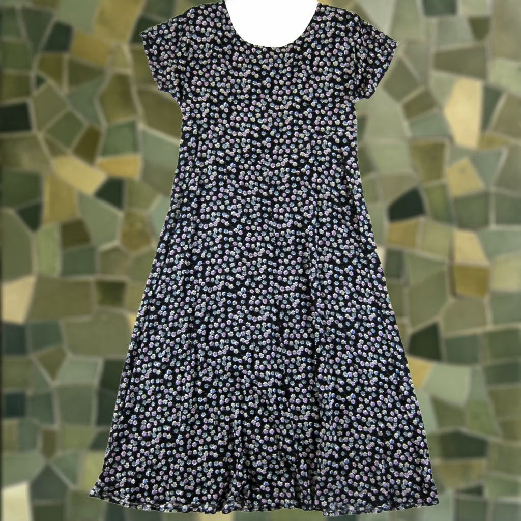 Vintage VTG All That Jazz Dress Maxi Floral Short Sleeve Long Black Purple Blue Rayon L Womens Size 36" / US 14 / IT 50 - 1 Thumbnail