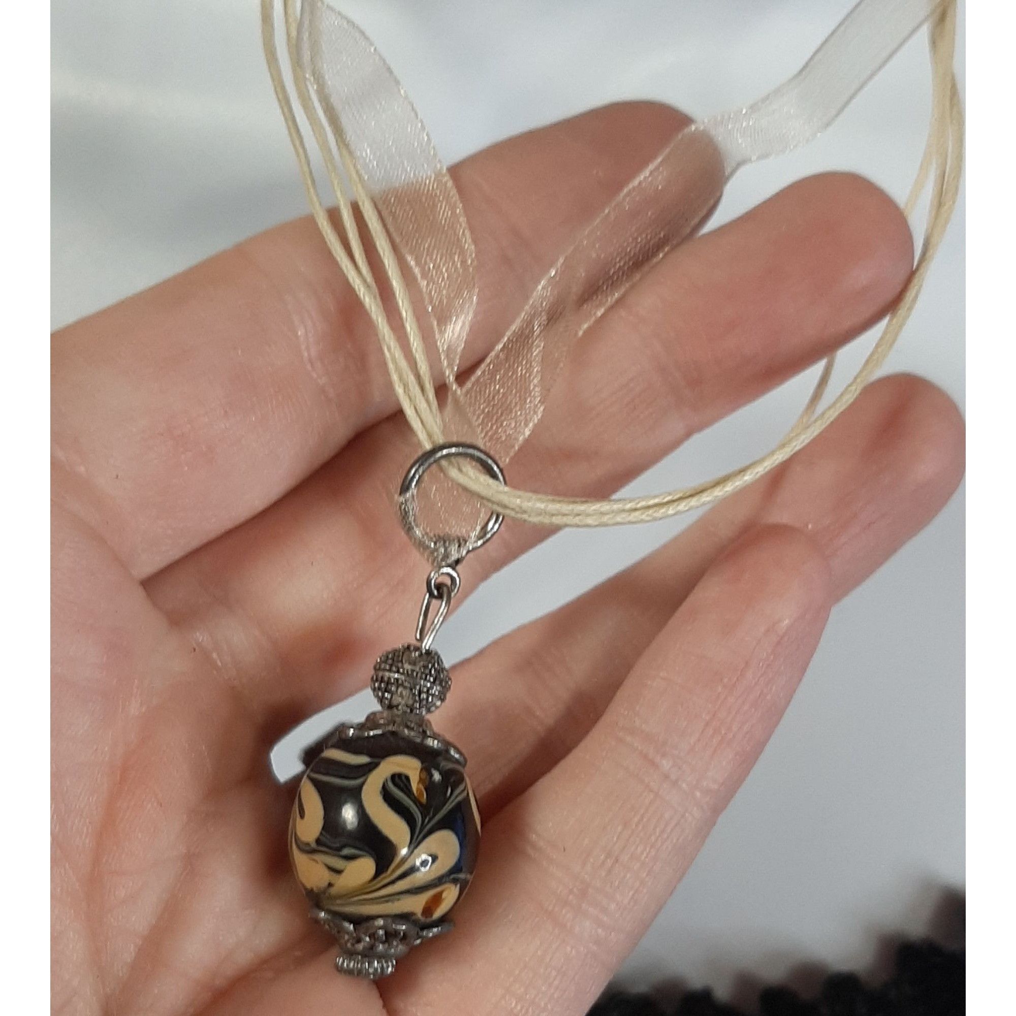 Handmade Hand-Painted Glass Pendant Necklace With Sheer Ribbon And Co Size ONE SIZE - 2 Thumbnail