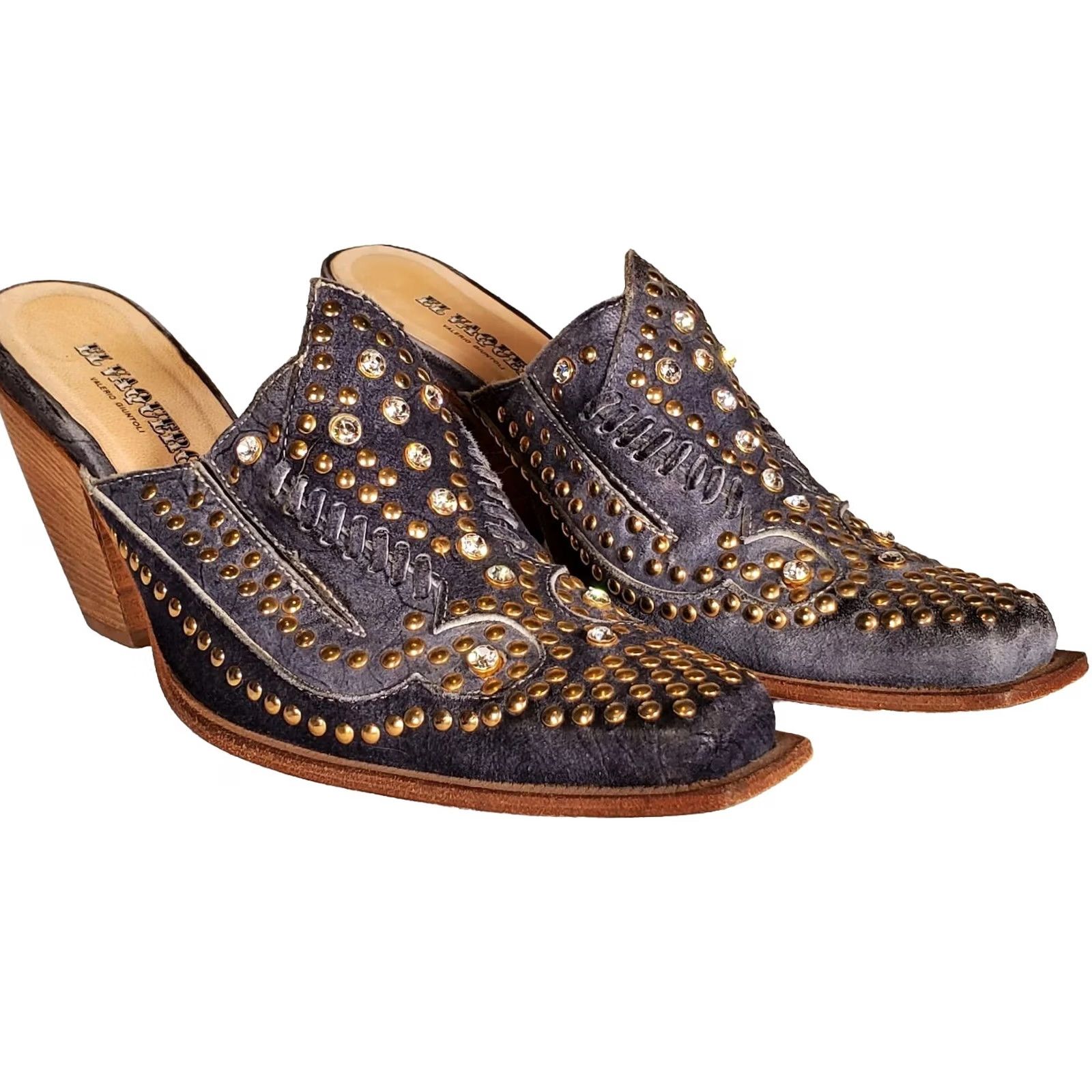 Vintage El Vaquero Mule Women Suede Graphite Swarovski Crystals Studs Block Heel US 7.5 EU 38 Size US 6 / IT 36 - 2 Thumbnail