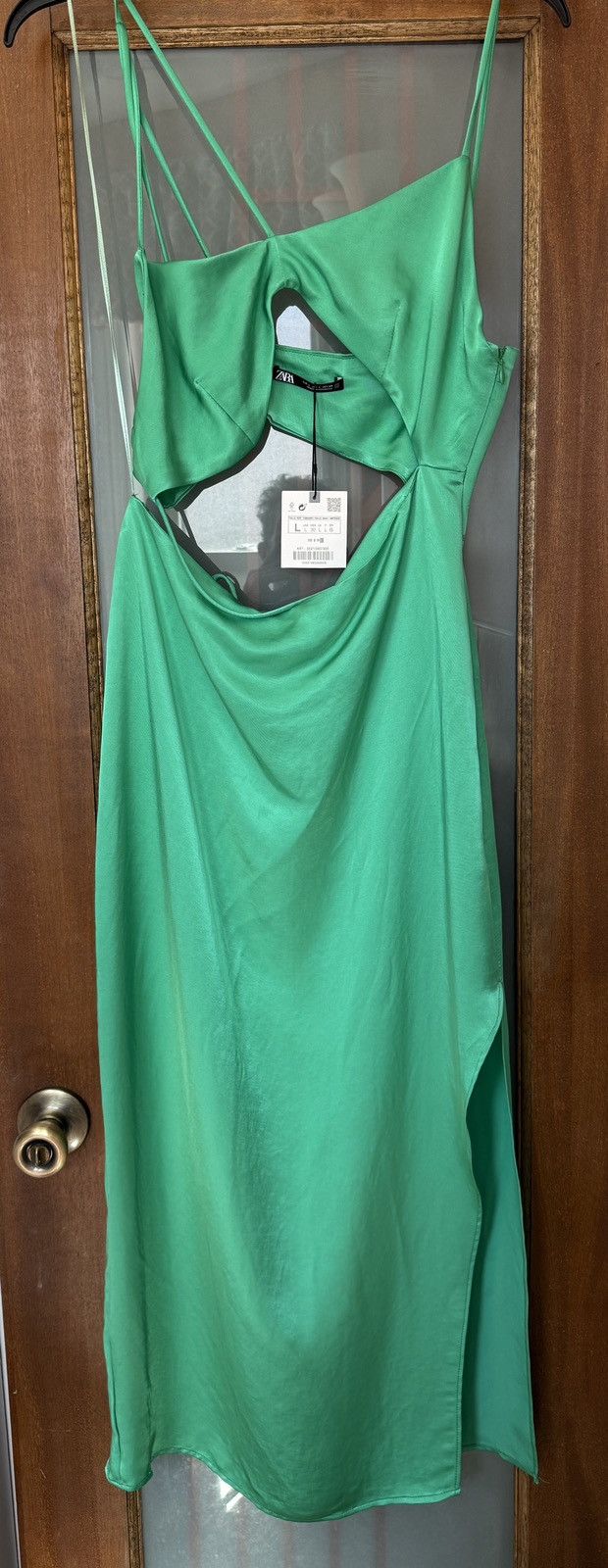 Zara Zara Asymmetrical Green Satin Strappy Side Slit Midi Dress Size L / US 10 / IT 46 - 4 Thumbnail