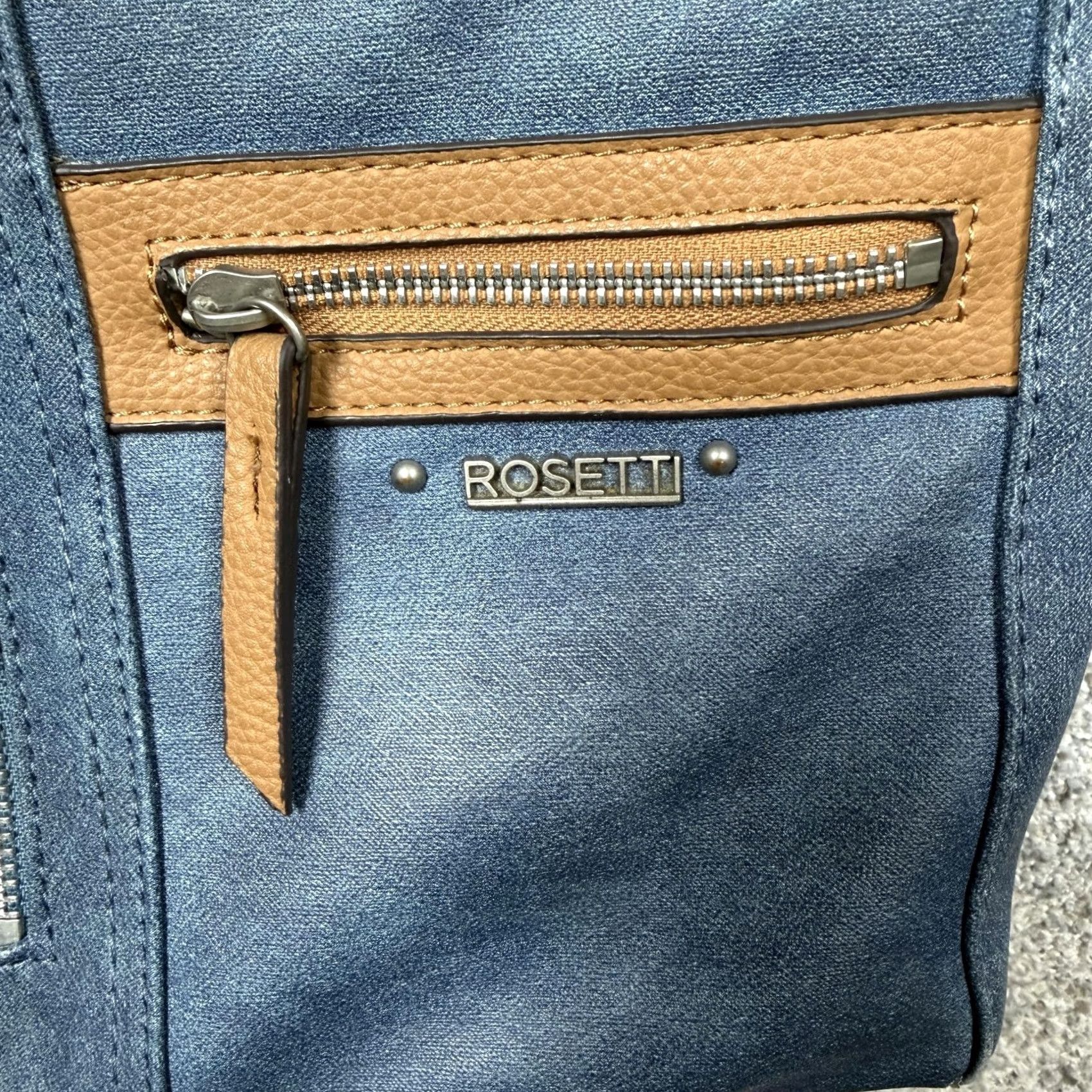 Vintage Rosetti Crossbody Bag Medium Blue Faux Leather Solid 10x23 Zipper Exterior Pockets Beige Lining Brown Strap Womens Casual Everyday Bag Size ONE SIZE - 5 Thumbnail