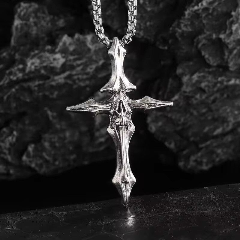 Jewelry × Vintage Retro Gothic Devil Skull Grimace Cross Pendant Necklace Size ONE SIZE - 1 Thumbnail