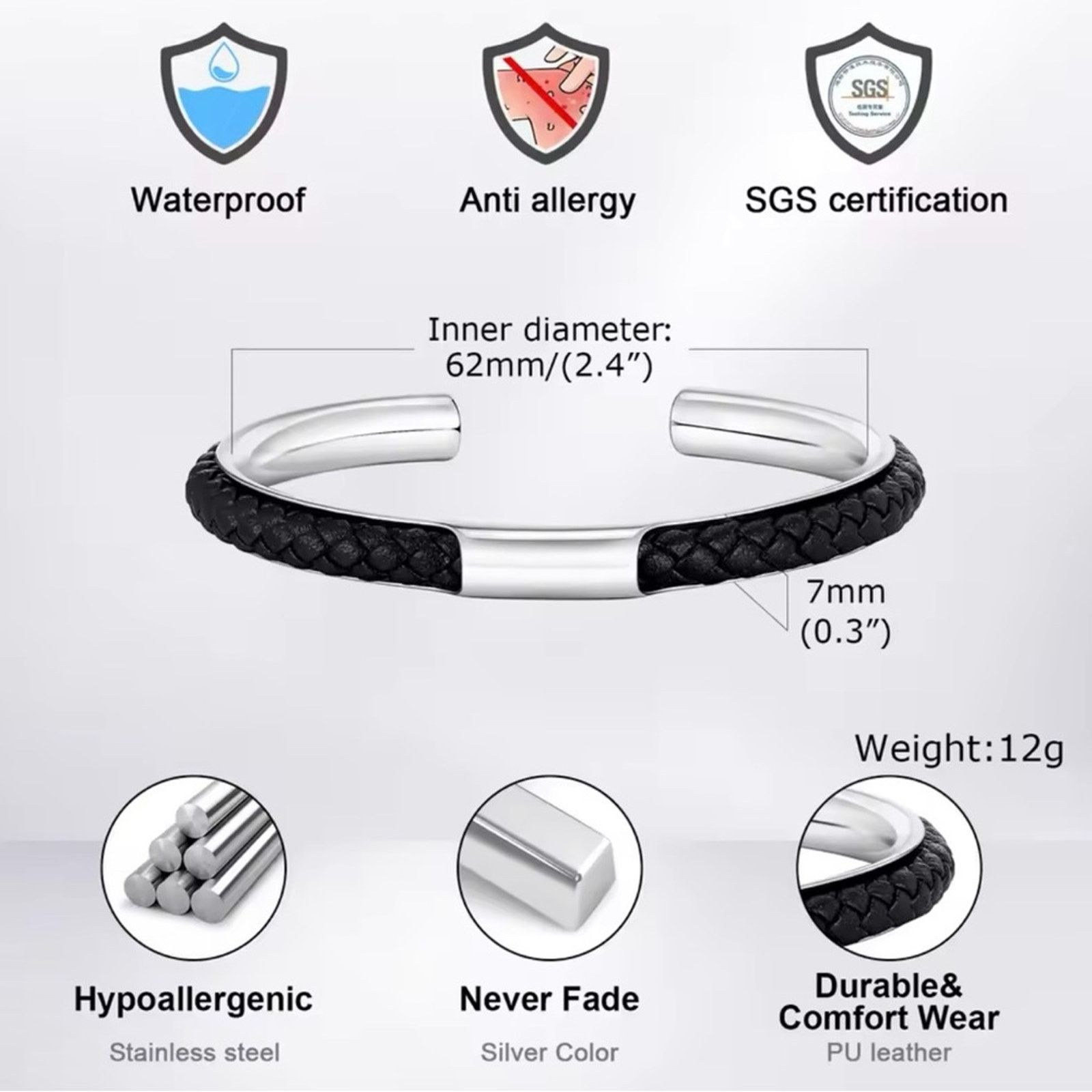 Other Leather Cuff Bracelets for Men Stainless Steel Bangles Size ONE SIZE - 5 Thumbnail