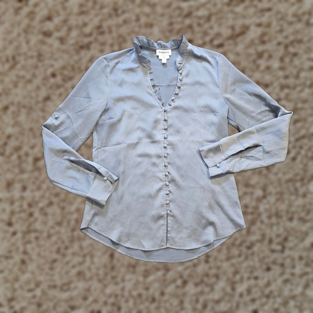 Express Express Shirt Womens Small Gray Portofino Slim Ruffle Long Sleeve Career Capsule Size S / US 4 / IT 40 - 1 Thumbnail
