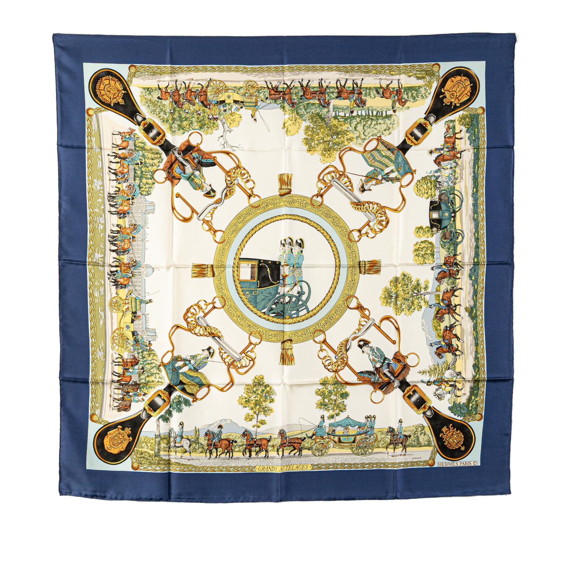Hermès Grands Attelages Silk Scarf White