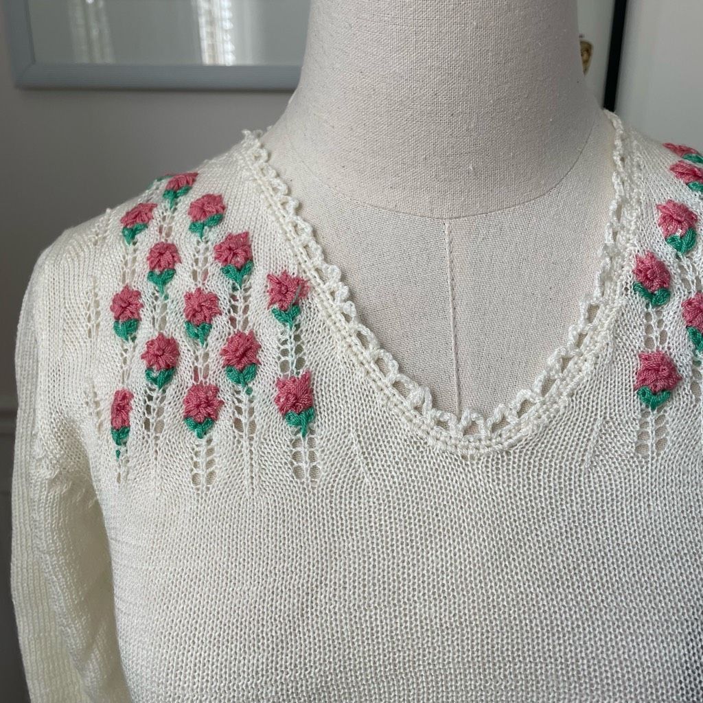 Vintage NWT NOS Vintage 70s Georgie Porgie Knit Sweater Embroidered Flowers XS Size XS / US 0-2 / IT 36-38 - 3 Thumbnail
