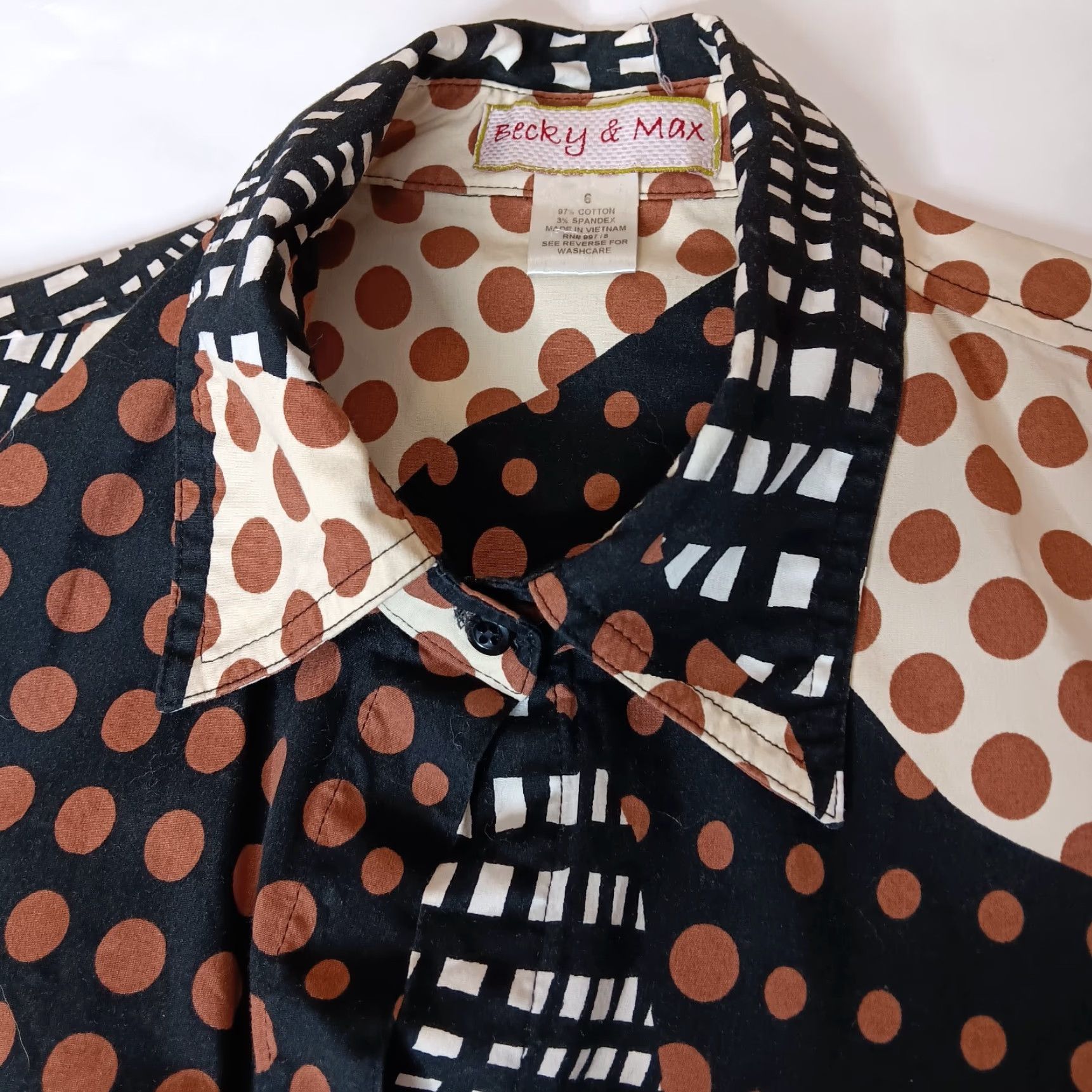 Vintage VINTAGE Becky & Max Shirt Dress Knee Length Short Sleeve Polka Dot Abstract Stretch Cream Black White Cotton Spandex 6 Womens Mens? Size M / US 6-8 / IT 42-44 - 6 Thumbnail