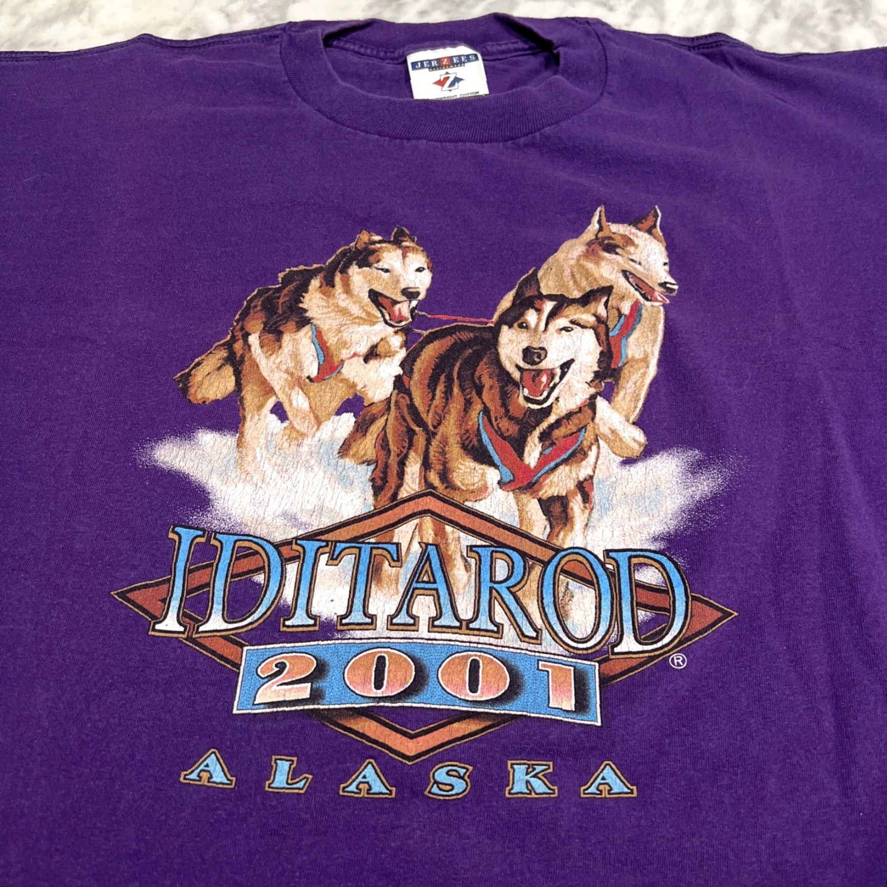 Jerzees VINTAGE Iditarod Alaska T-shirt Mens Large Purple Husky Dog Race Graphic Tee Size US L / EU 52-54 / 3 - 2 Thumbnail