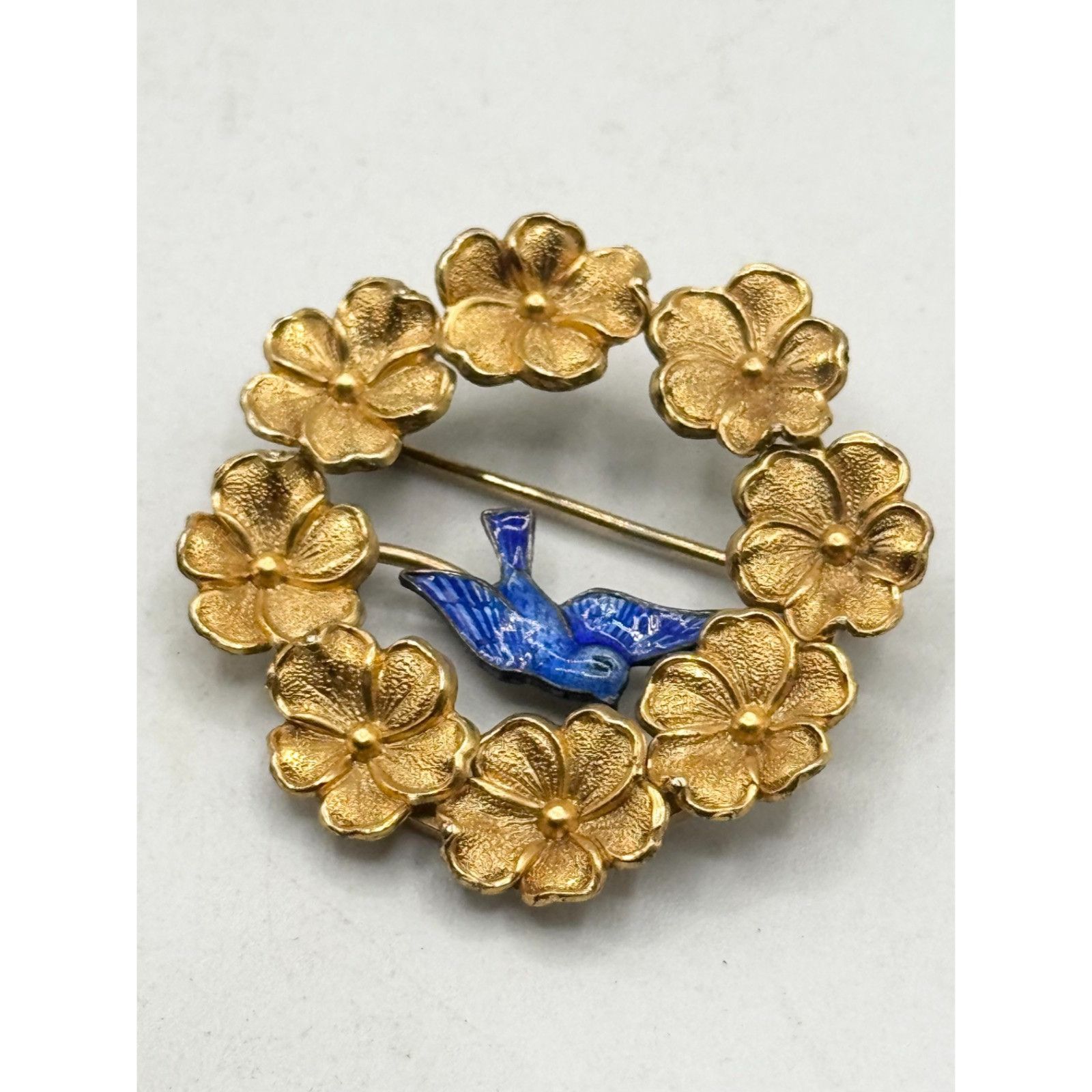 Vintage Wells gold filled blue Guilloche enamel swallow bird wreath Size ONE SIZE - 3 Thumbnail