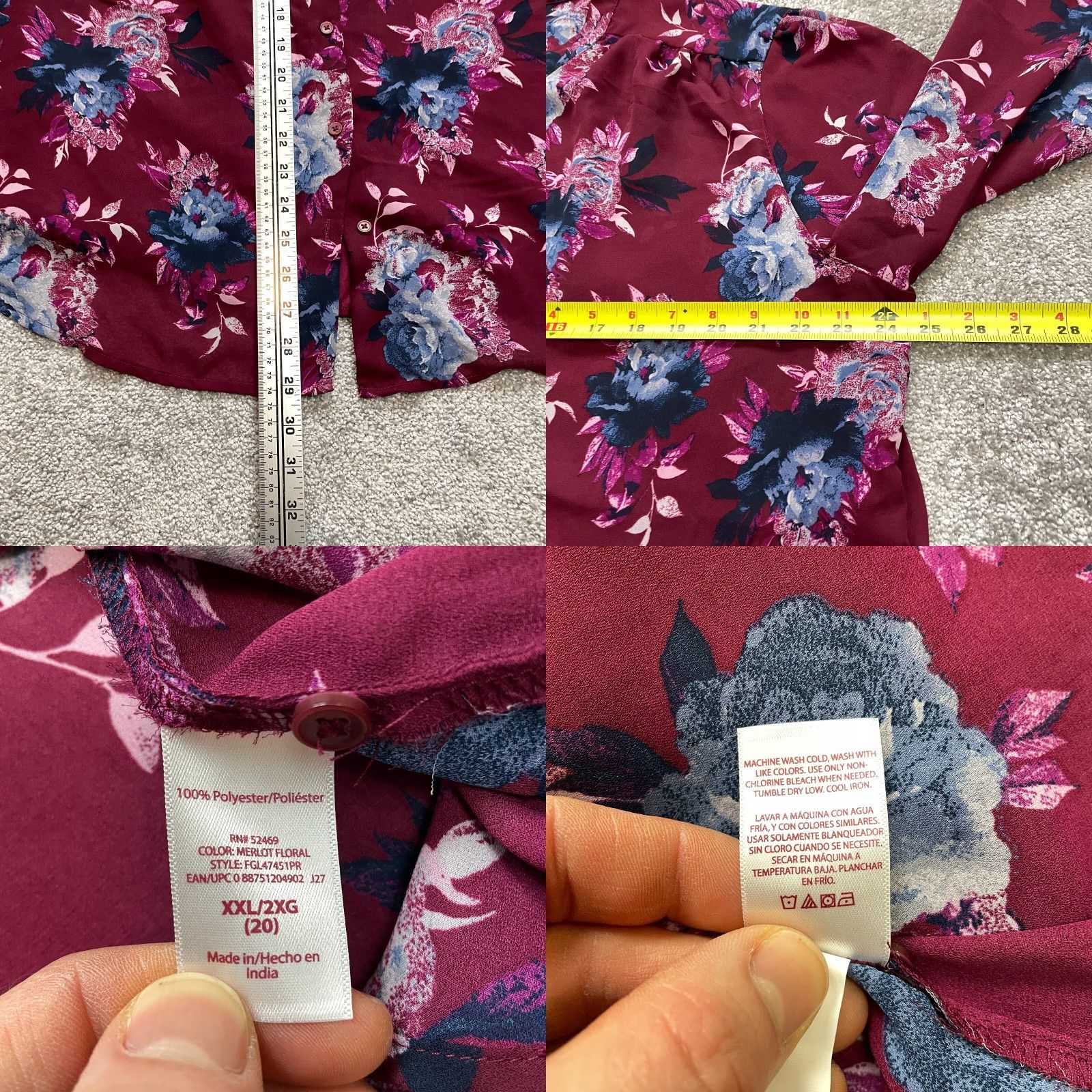 Faded Glory Faded Glory Button-Up Shirt Womens 2XL Purple Floral Top Blouse Long Sleeve Crew Neck Classic Fit Satin Chiffon Polyester Size XXL / US 16-18 / IT 52-54 - 8 Thumbnail