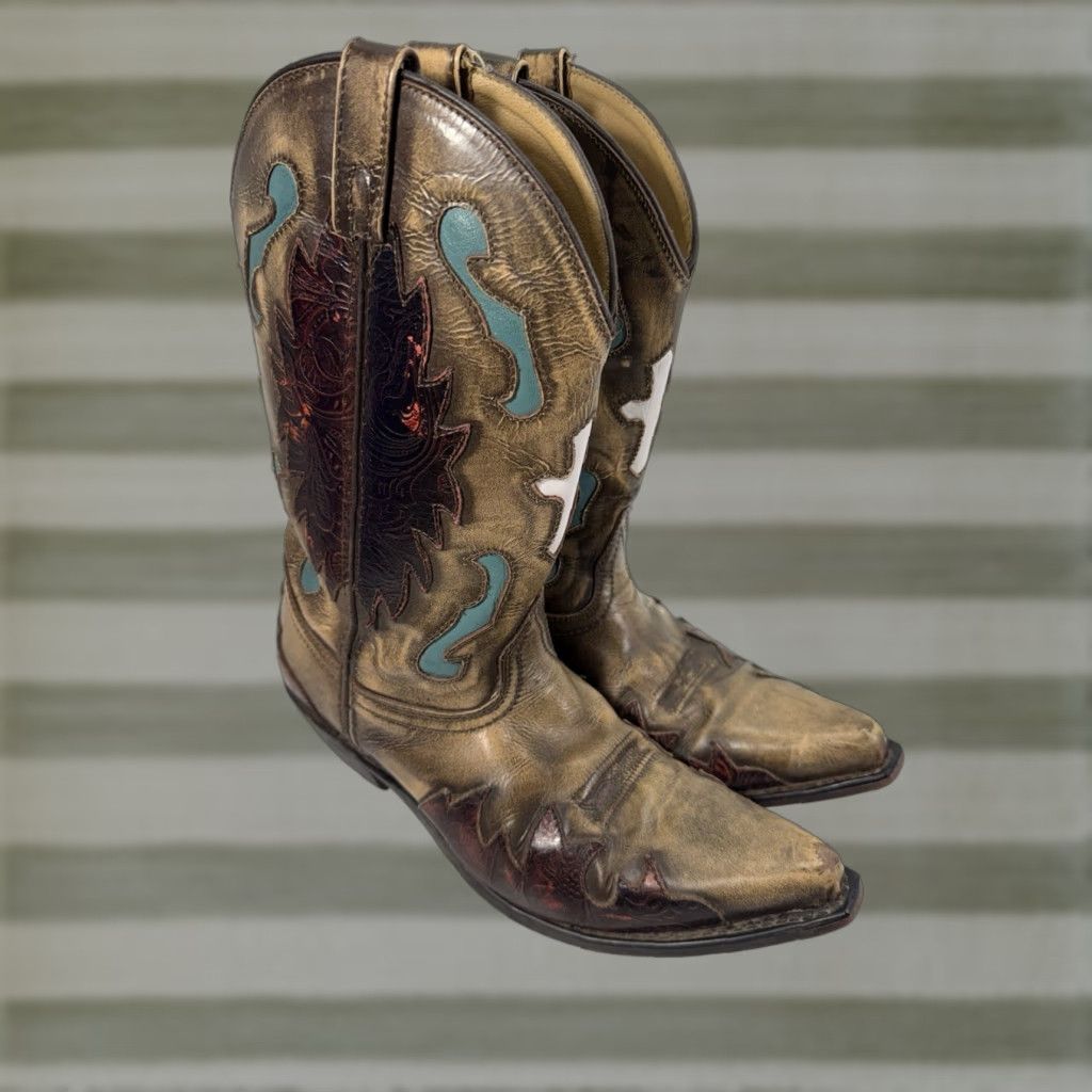 Vintage Smoky Mountain Boots Western Boot Men 9.5 D Brown Leather Inlay White Cross Snipped Toe 6229 Size US 10 / EU 43 - 1 Thumbnail