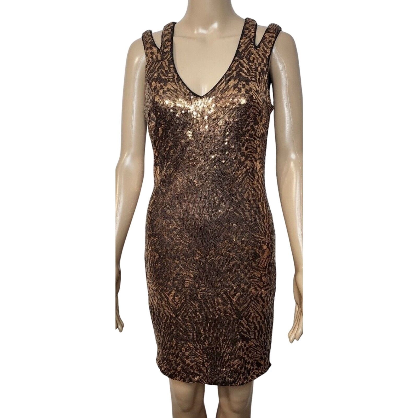 Bebe Bebe Copper Bronze Sequin Mini Dress Criss Cross Back Zip M Size M / US 6-8 / IT 42-44 - 2 Thumbnail