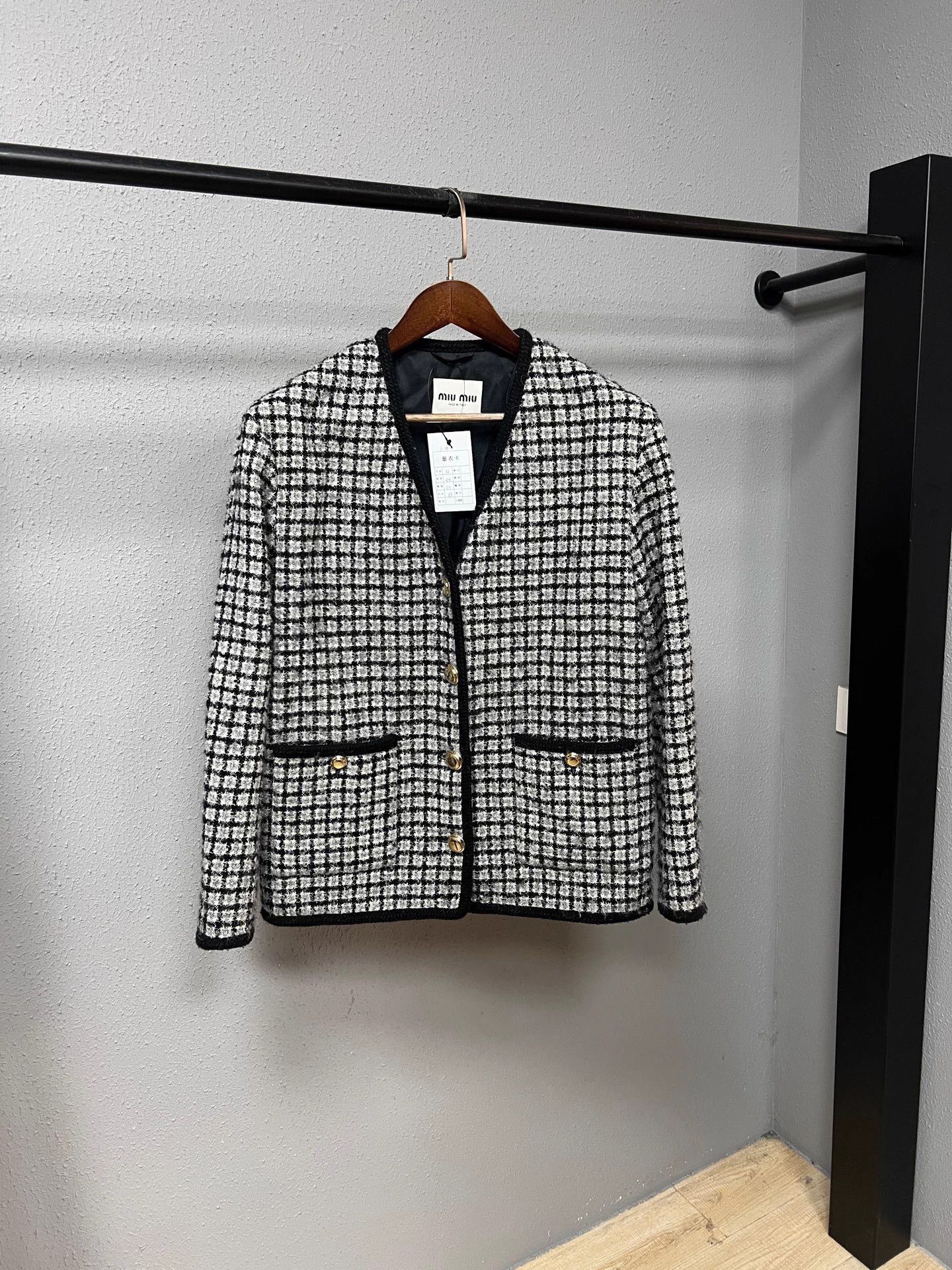 Miu Miu Miumiu Black and White Tweed Plaid Coat with Gold Buttons Size XS / US 0-2 / IT 36-38 - 1 Thumbnail