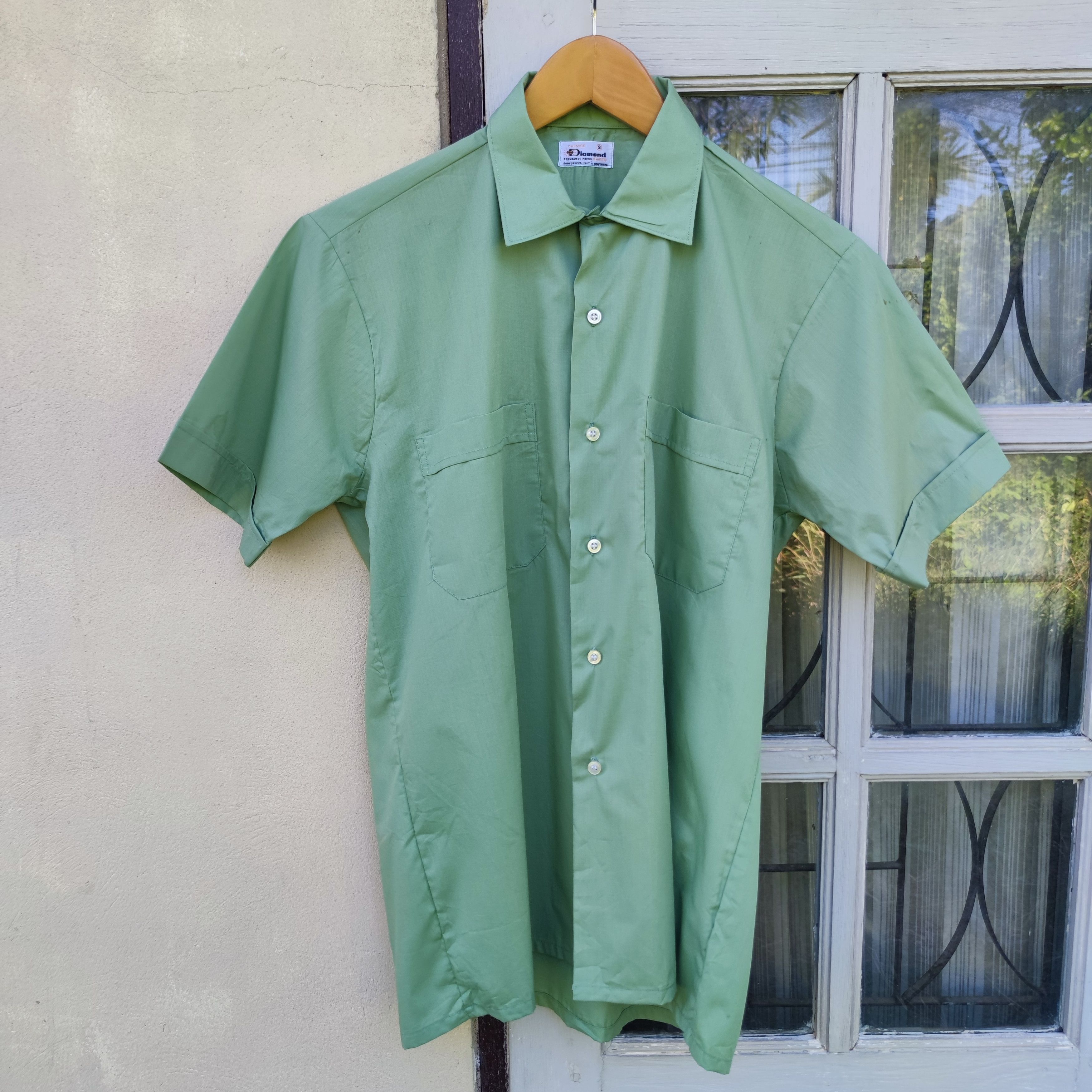Vintage Diamond Chemise Permanent Press Solid Green Sport Shirt Size US M / EU 48-50 / 2 - 1 Thumbnail