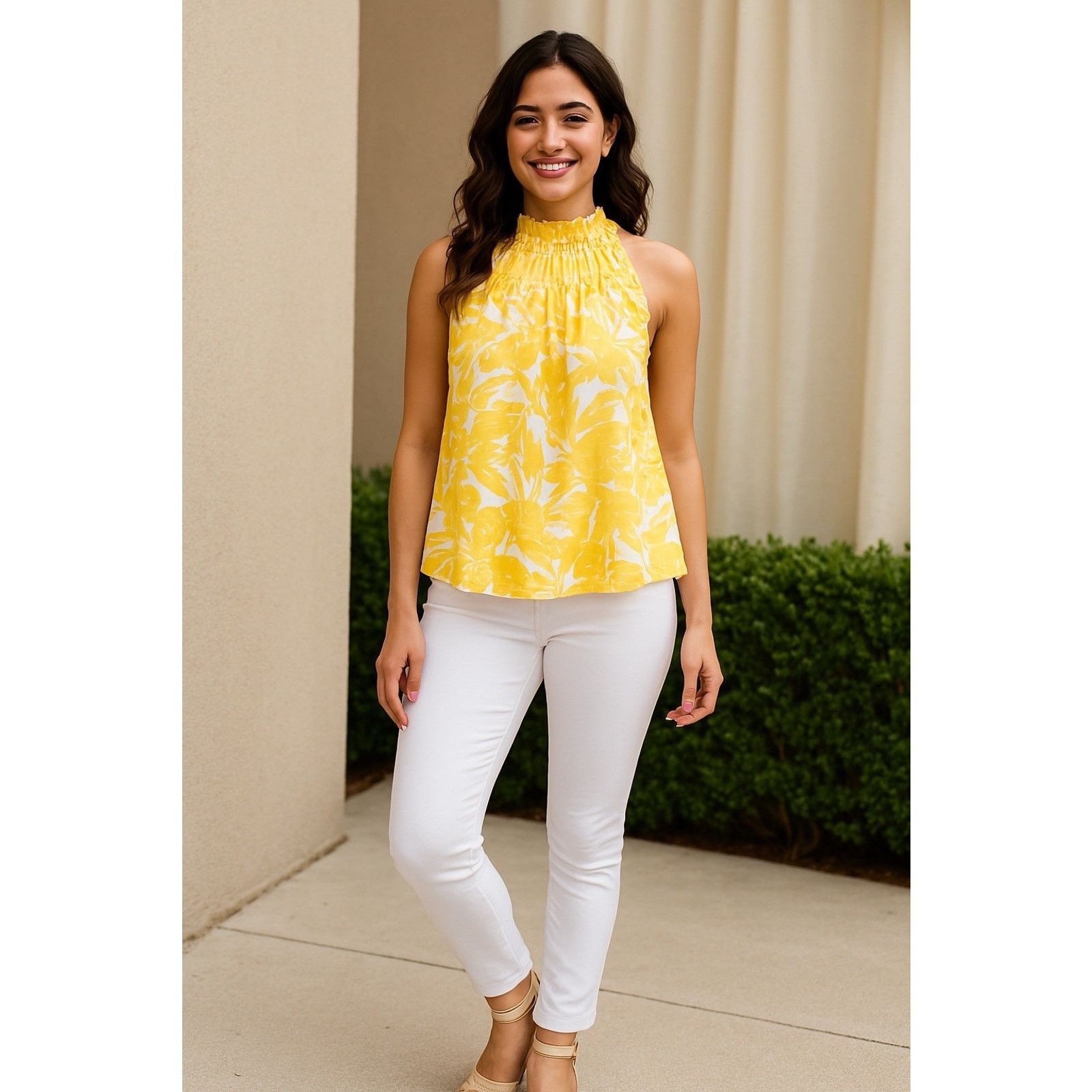 Nine West Nine West Yellow Floral Ruffle Blouse | Medium Cottagecore Size M / US 6-8 / IT 42-44 - 9 Thumbnail
