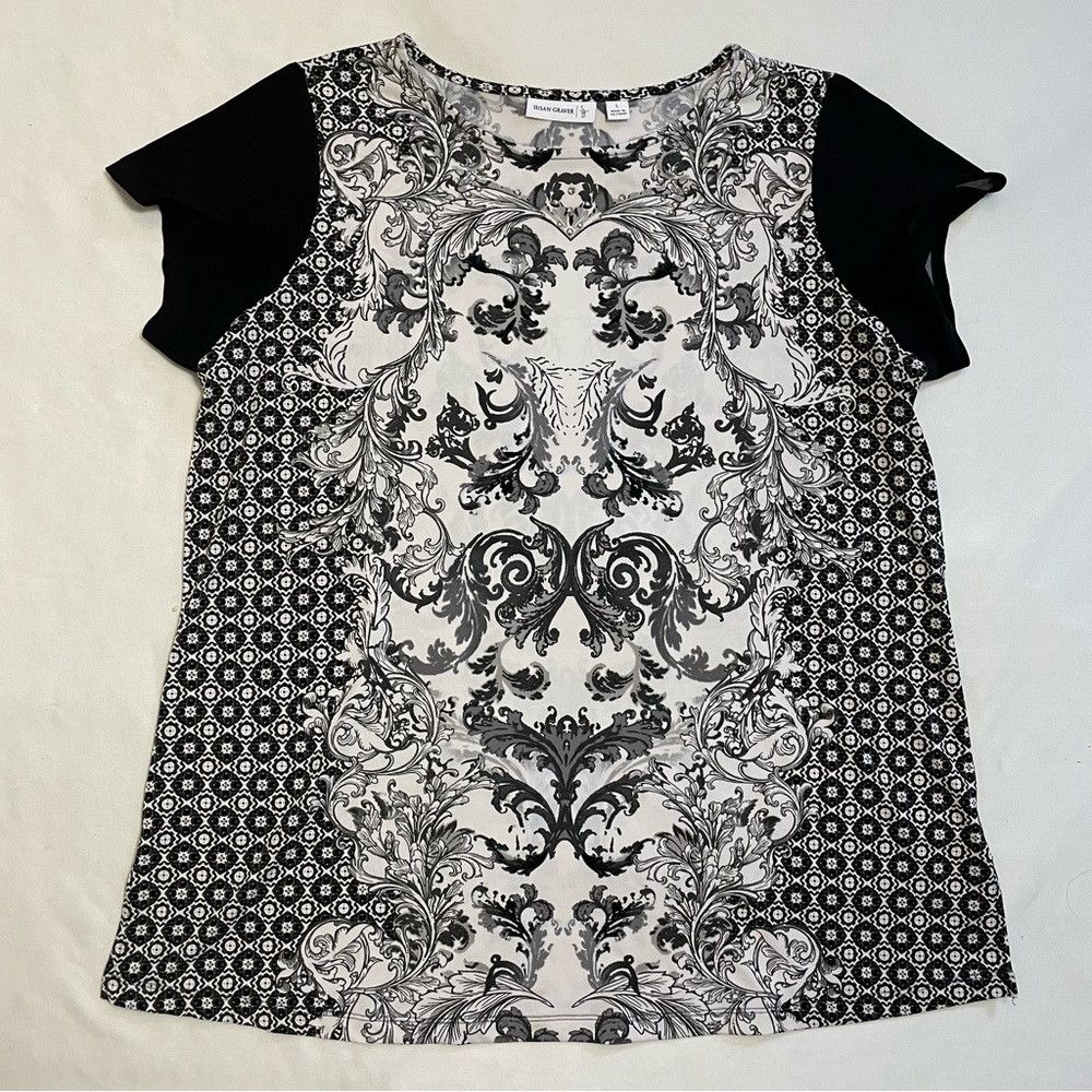 Other Susan Graver Black White Embellished Short Sleeve Top Size Size L / US 10 / IT 46 - 5 Thumbnail