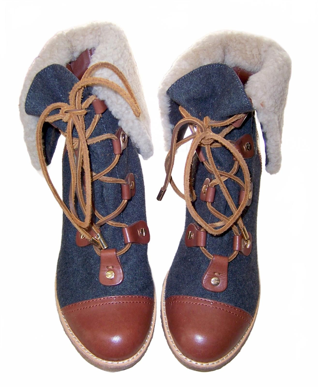 Tory Burch Tory Burch Marley Flannel Wedge Boot -9.5M- Blue Denim/Brown Size US 9.5 / IT 39.5 - 3 Thumbnail