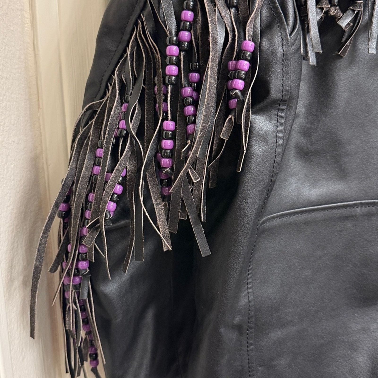 Niki Vintage Niki Black Leather Fringe motorcycle Jacket beaded Size XL / US 12-14 / IT 48-50 - 3 Thumbnail