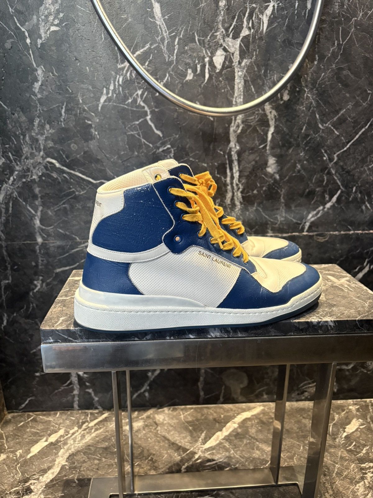 Saint Laurent Paris Saint Laurent Off-White & Blue SL24 High-Top Sneakers Size US 13 / EU 46 - 2 Thumbnail