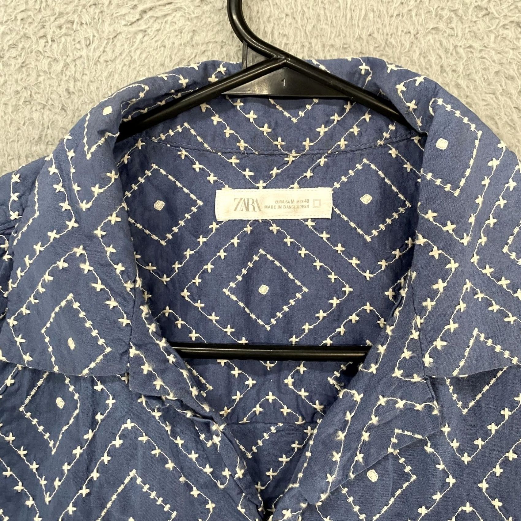 Zara Zara Embroidered Shirt Mens Medium Blue Short Sleeve Button Up Diamond Cotton Embroidered Geometric Beach Vacation Button-Up Mens Jacket? Size US M / EU 48-50 / 2 - 5 Thumbnail